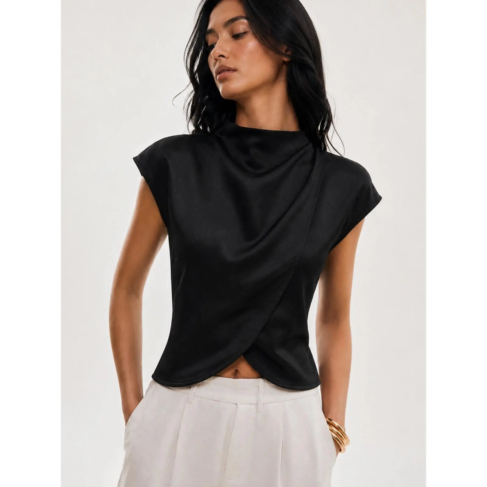 Women's Draped Satin Blouse, Black Cap Sleeve Elegant Going Out Top #sohochic