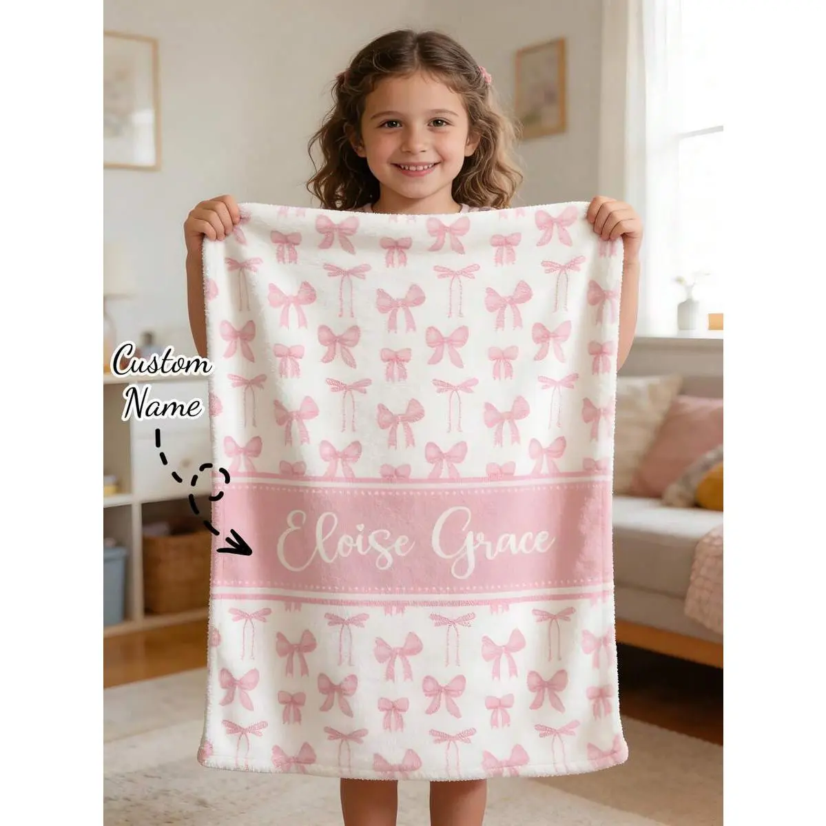 Custom Name Pink Bow Girl Flannel Throw Blanket - Personalized Newborn Baby Gift, Soft Cozy Coquette-Style Blanket for Crib, Nursery Decor