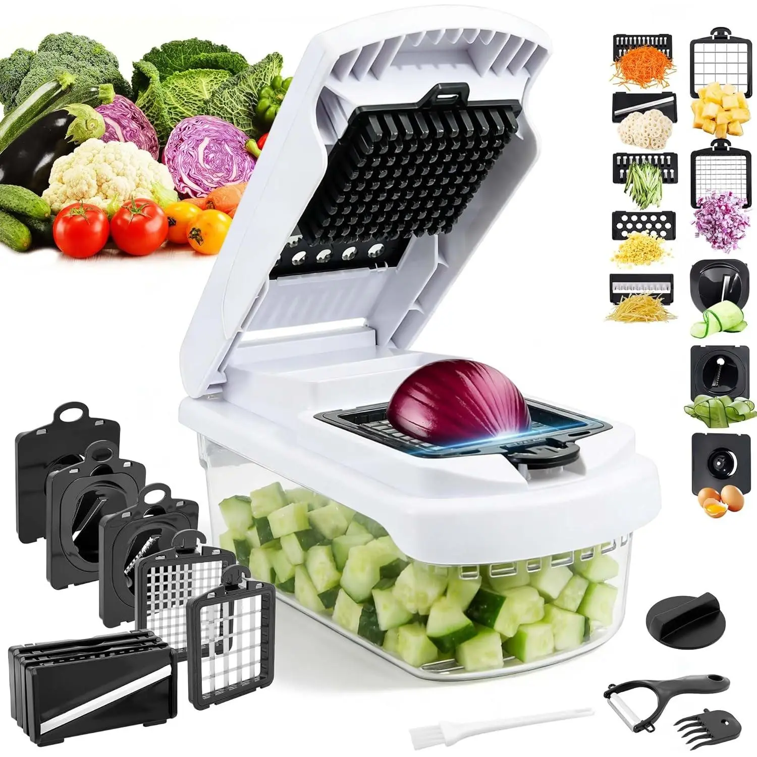 Multi-Function Kitchen Gadgets Set - Vegetable Chopper, Mandoline Slicer, Fruit Slicer, Onion Mincer, Tomato Dicer, Spiralizer, Cheese Grater with Storage Container for Vegetables, Fruits, Onions, Tomatoes (Kitchen Essentials)