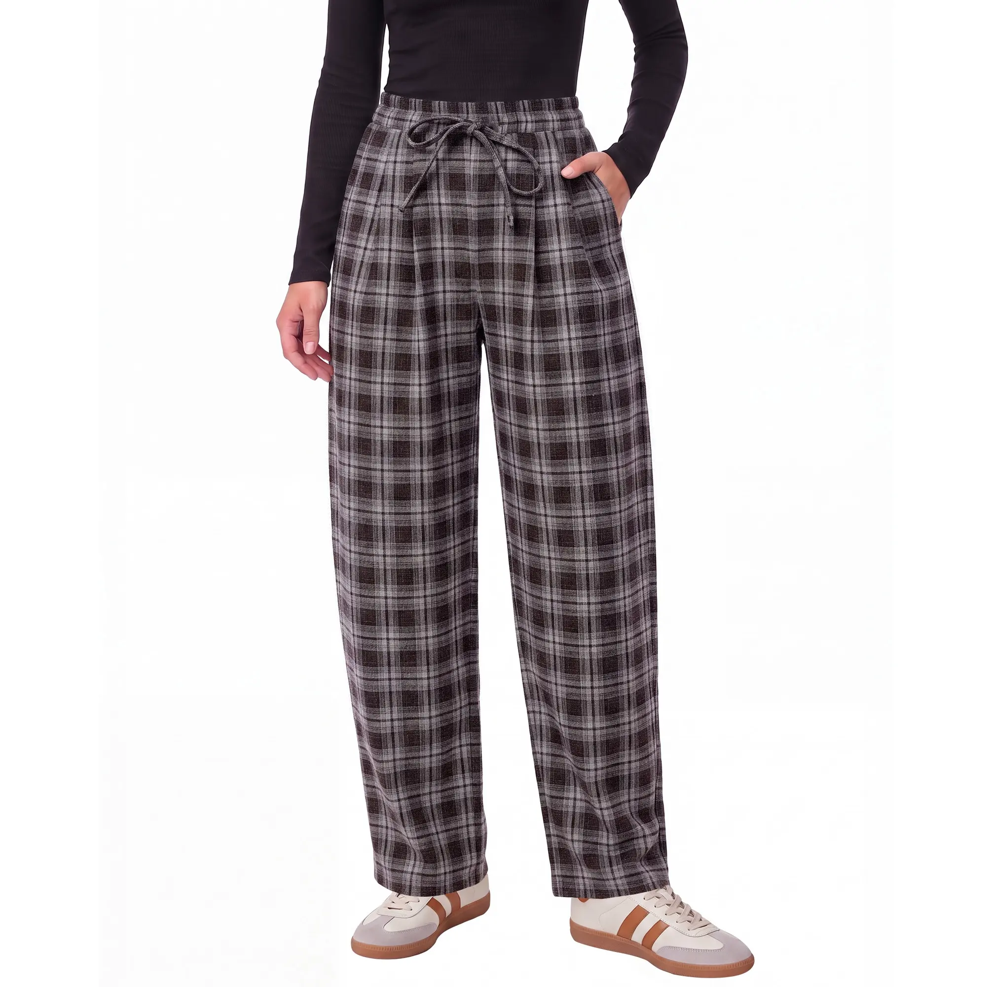 【NEW】GRAPENT Women's Plaid High-Waisted Pull-On Ankle Trousers - Tapered Wide-Leg Tapered Pants, Polyester Blend, Elastic Waist with Adjustable Drawstring, Front Pockets, Machine Washable, All Seasons, Work Office Casual Fall Outfits, Ankle Length