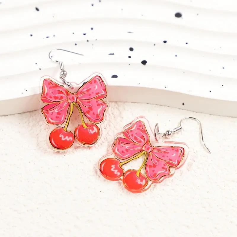 New Cute Pink Bow Cherry 2D Flat Acrylic Versatile Sweet Earrings