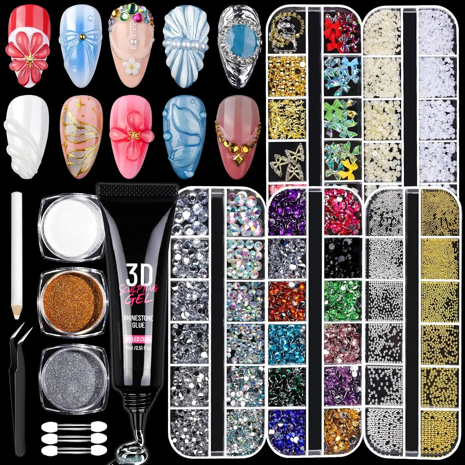 3D Gel Kit, 15g 3D Nail Sculpting Gel, 5 Box Nail Pearls Charms and Gems Clear&AB Nail Rhinestones, Metal Nail Beads&Gold Silver White Pearl Chrome Powder for DIY Manicure, UV/LED Lamp Needed