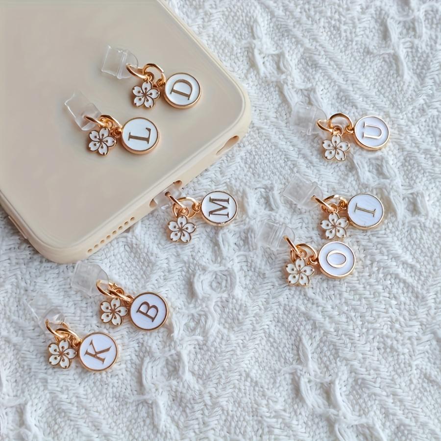 A New Cute Flower And Letter Phone Dust Plug, Featuring Charming White Cherry Blossoms And A-Z Initial Phone Port Dust Covers, Suitable for Phone Decoration, Compatible with Iphone And Type-C Ports, Perfect for Holiday Party Gifts