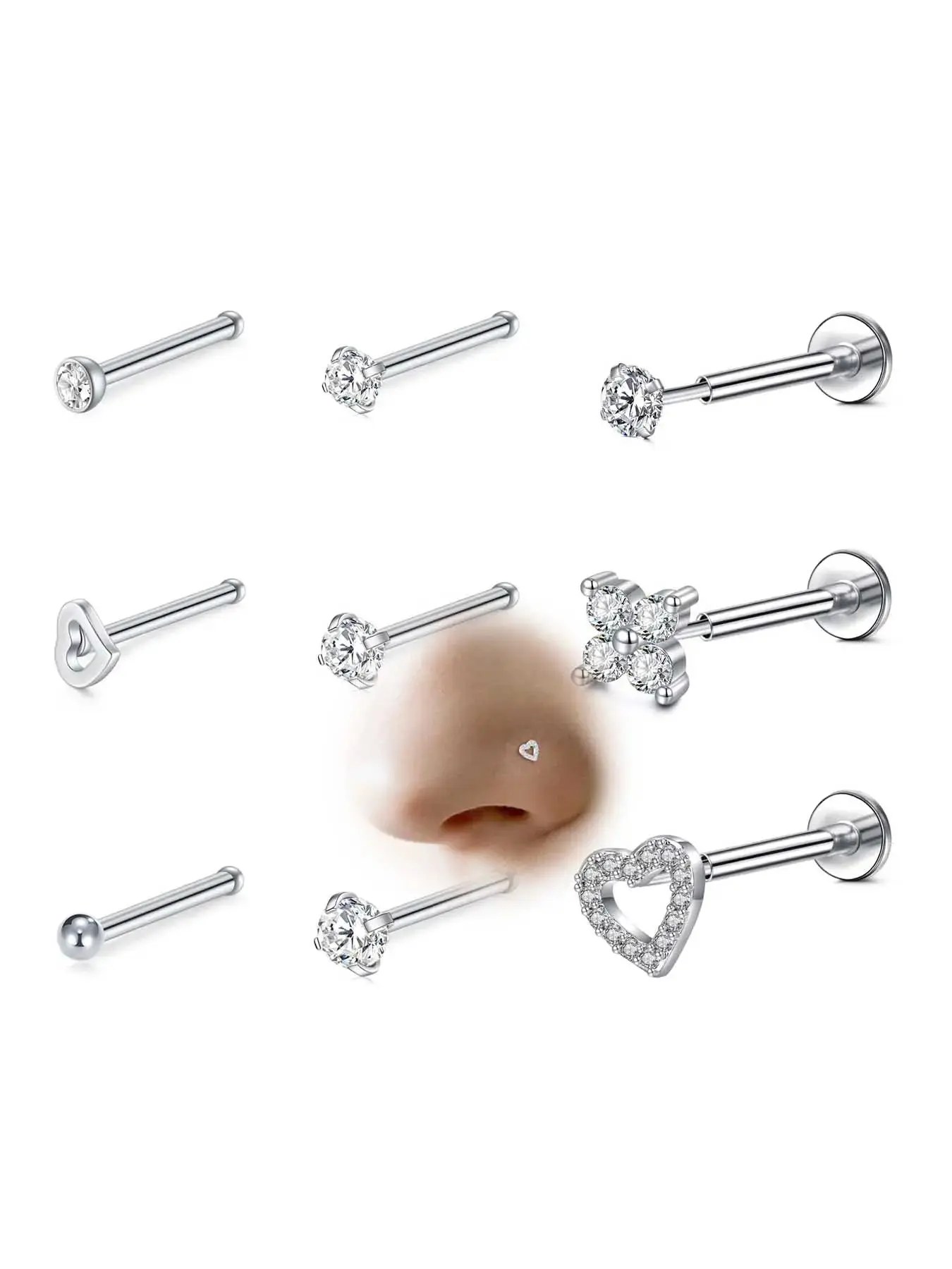 18g Threadless Nose Studs Cz Nose Rings for Women, Labret Studs Push in Flat Back Stud Earrings, Nose Nostril Tragus Helix Cartilage Piercing Jewelry