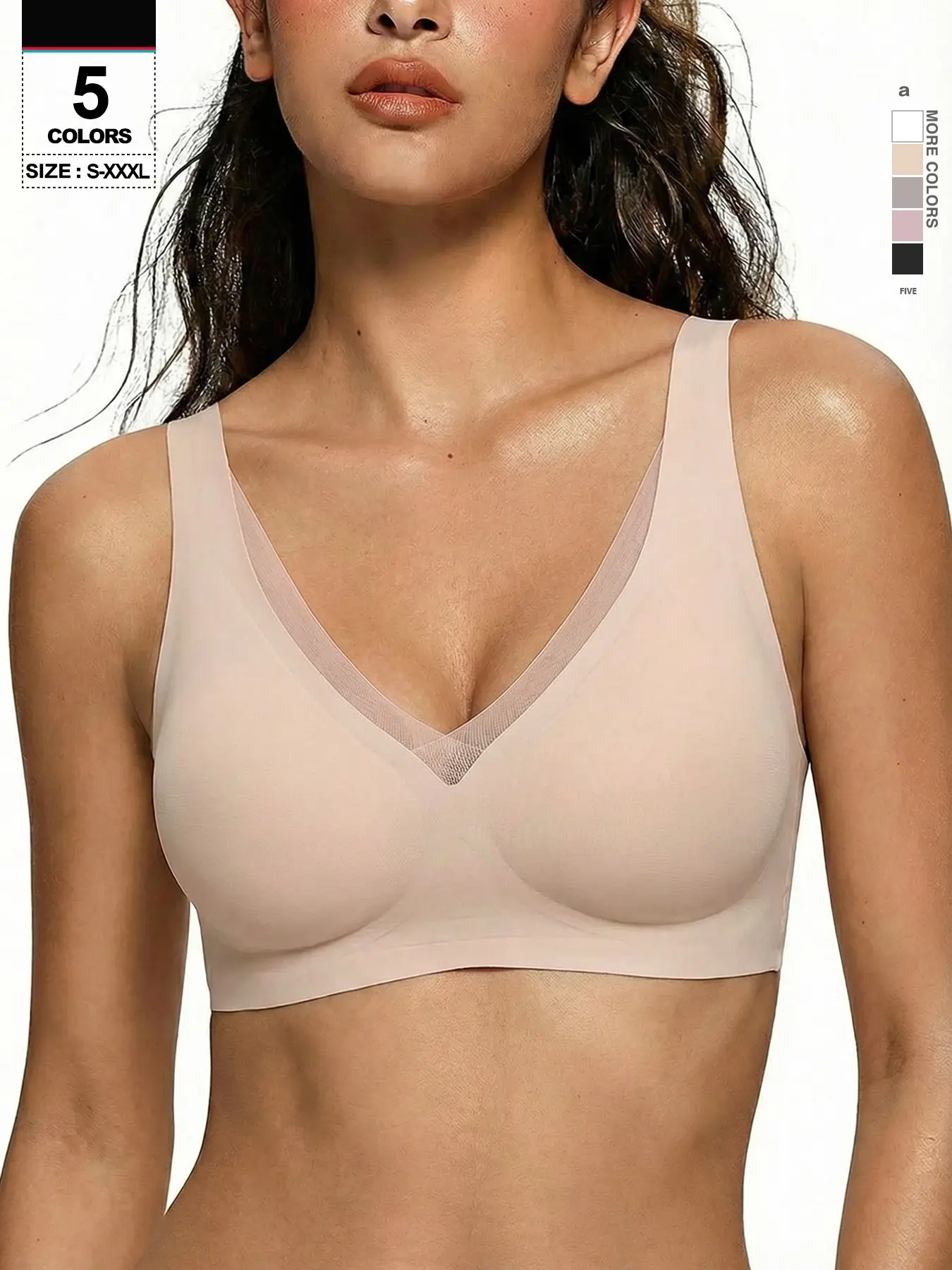 Mesh V-Neck Seamless Bra, Push-Up Backless Lingerie, Adjustable Straps, Slim-Fit, All Seasons, Comfortable Daily Wear, Plain Design