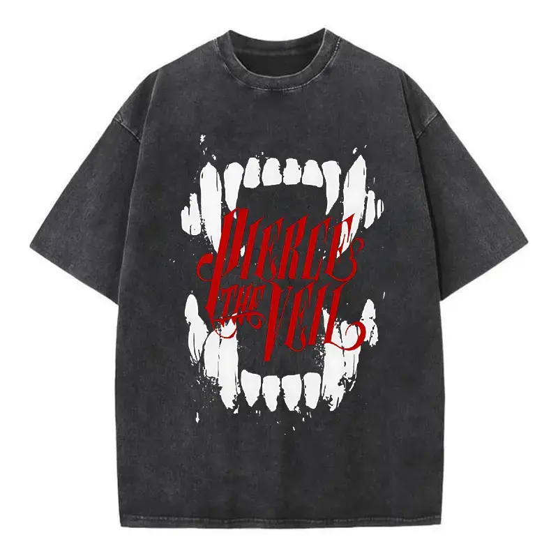 Vintage Pierce The Veil Graphic Tee 100% Cotton Washed Heavyweight T-Shirt Y2K Grunge Gothic Monster Fangs Oversized Top, Streetwear Aesthetic