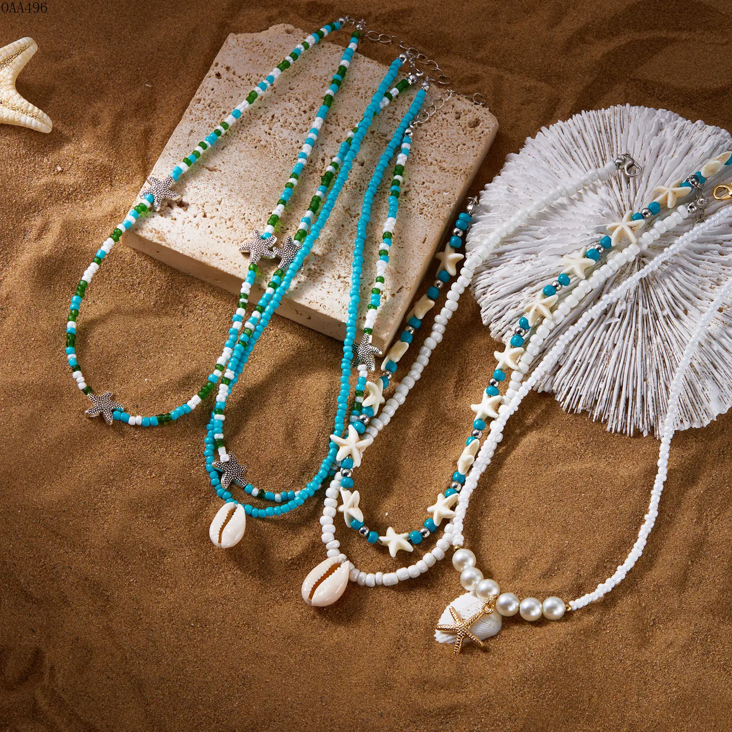 Women's Layered Necklace Gold-Plated Stainless Steel Coastal Look Starfish Shell Synthetic Rice Beads Charms DIY Bag Accessory for Summer Vacation Daily Use