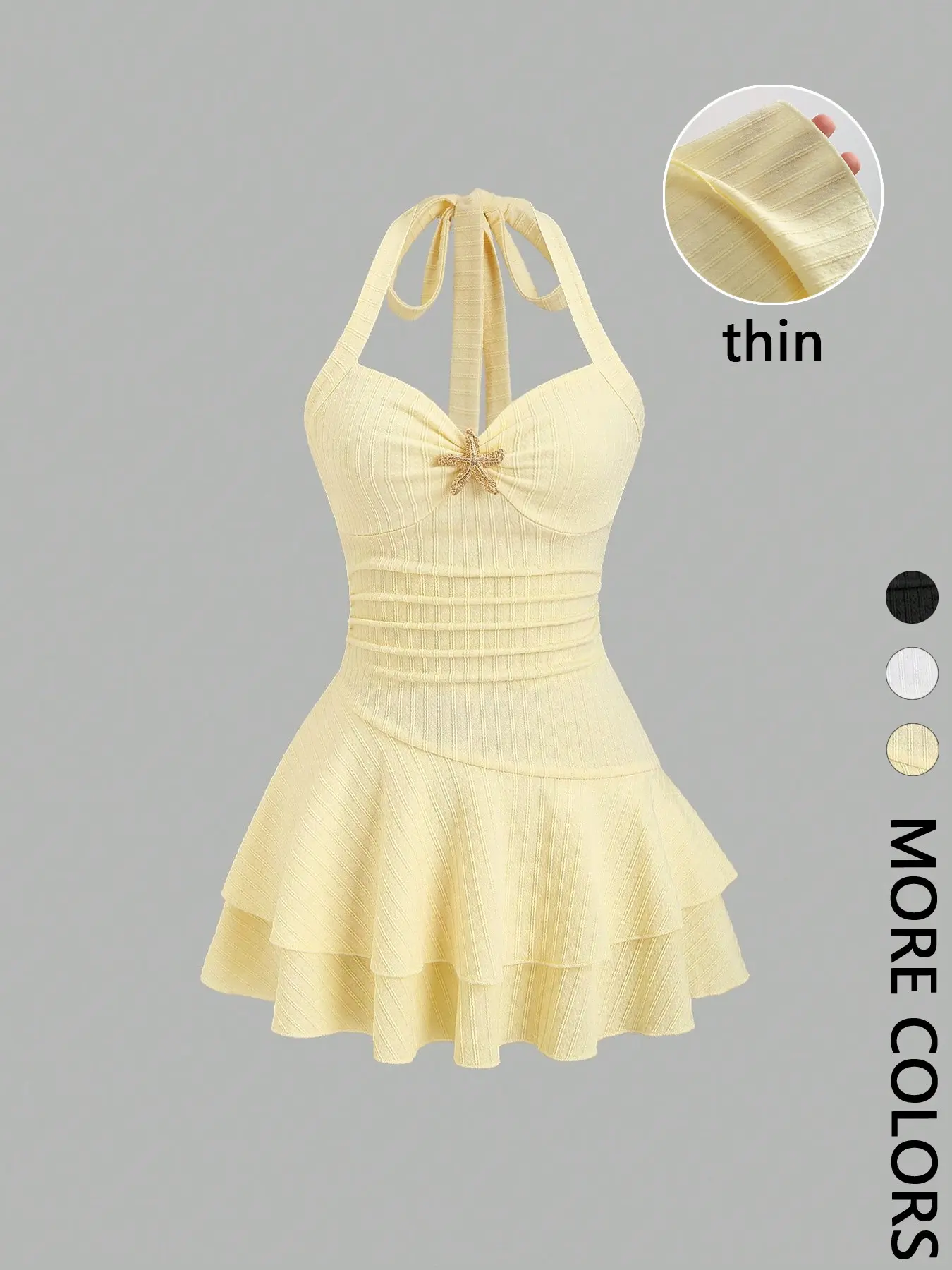Women's Textured Halter Back Tie Ruched-Bust Mini A-Line Dress with Metal Detail and Layered Ruffle Hem, Elegant Spring & Summer Beach Vacation Dress, Lightweight