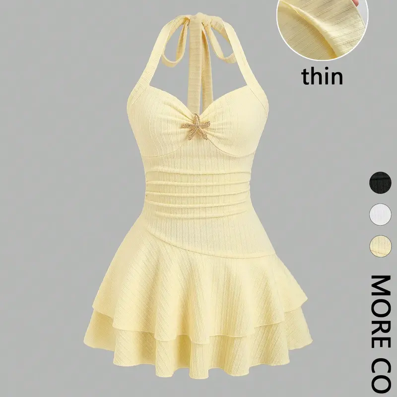 Women's Textured Halter Back Tie Ruched-Bust Mini A-Line Dress with Metal Detail and Layered Ruffle Hem, Elegant Spring & Summer Beach Vacation Dress, Lightweight