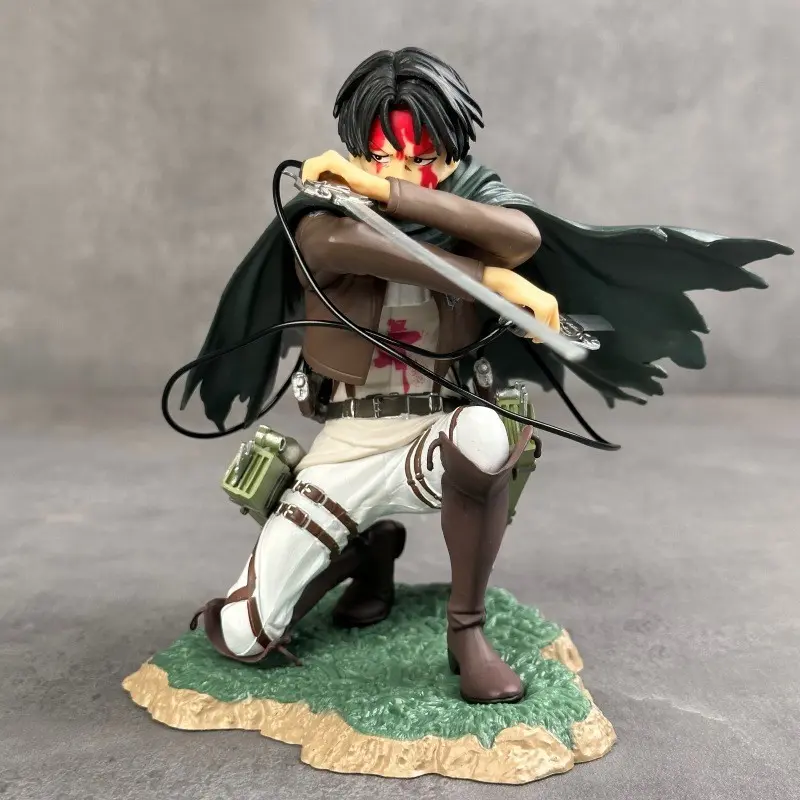 Attack on Titan Levi Handmade Figure 14cm, Kneeling Pose, Grass Base, Anime Desktop Decoration Gift, Collectible Model, Mini Figure