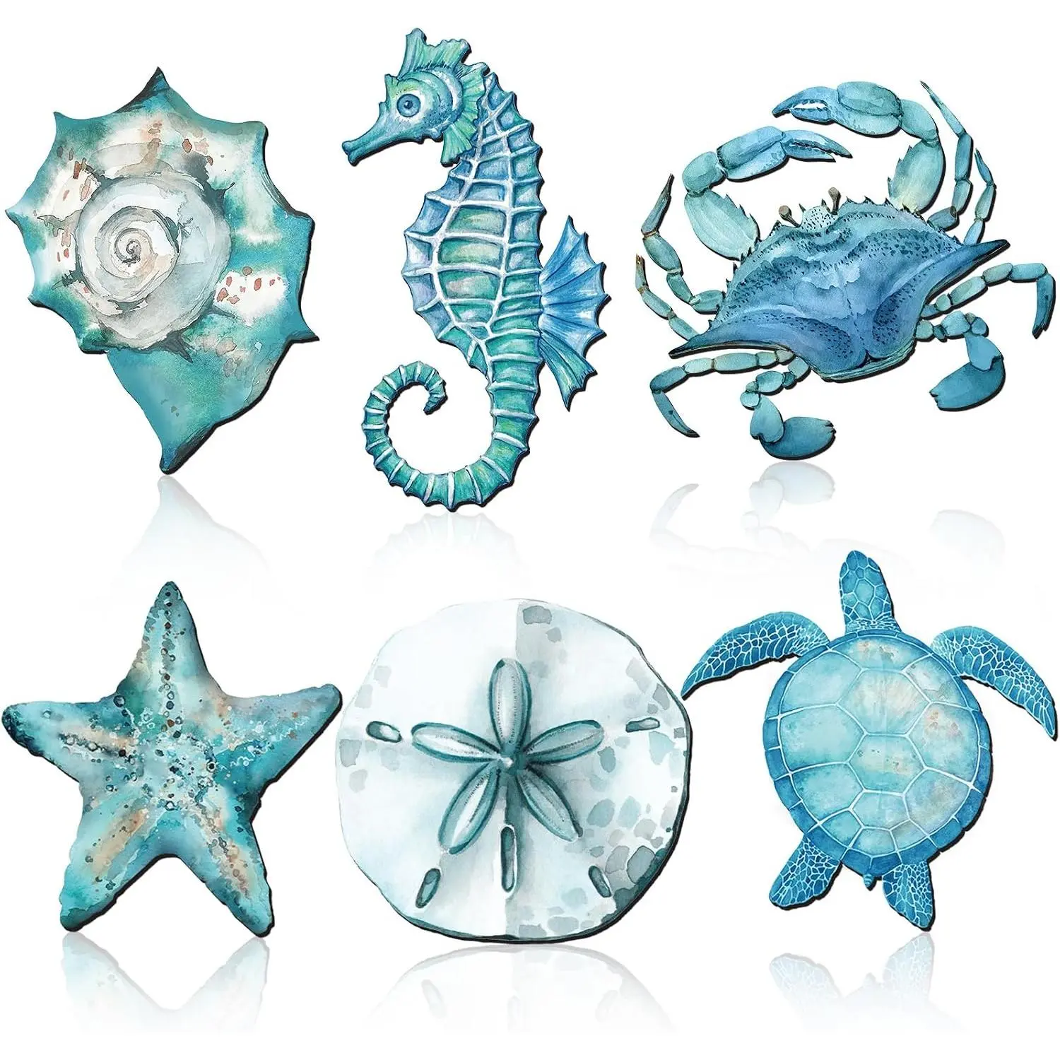 6 Pcs Coastal Wall Decor Ocean Beach Metal Wall Art Sea Life Turtle Seahorse Crab Shell Conch Bathroom Hanging Decor for Nautical Theme Home Living Room Bedroom Outdoor Decorations