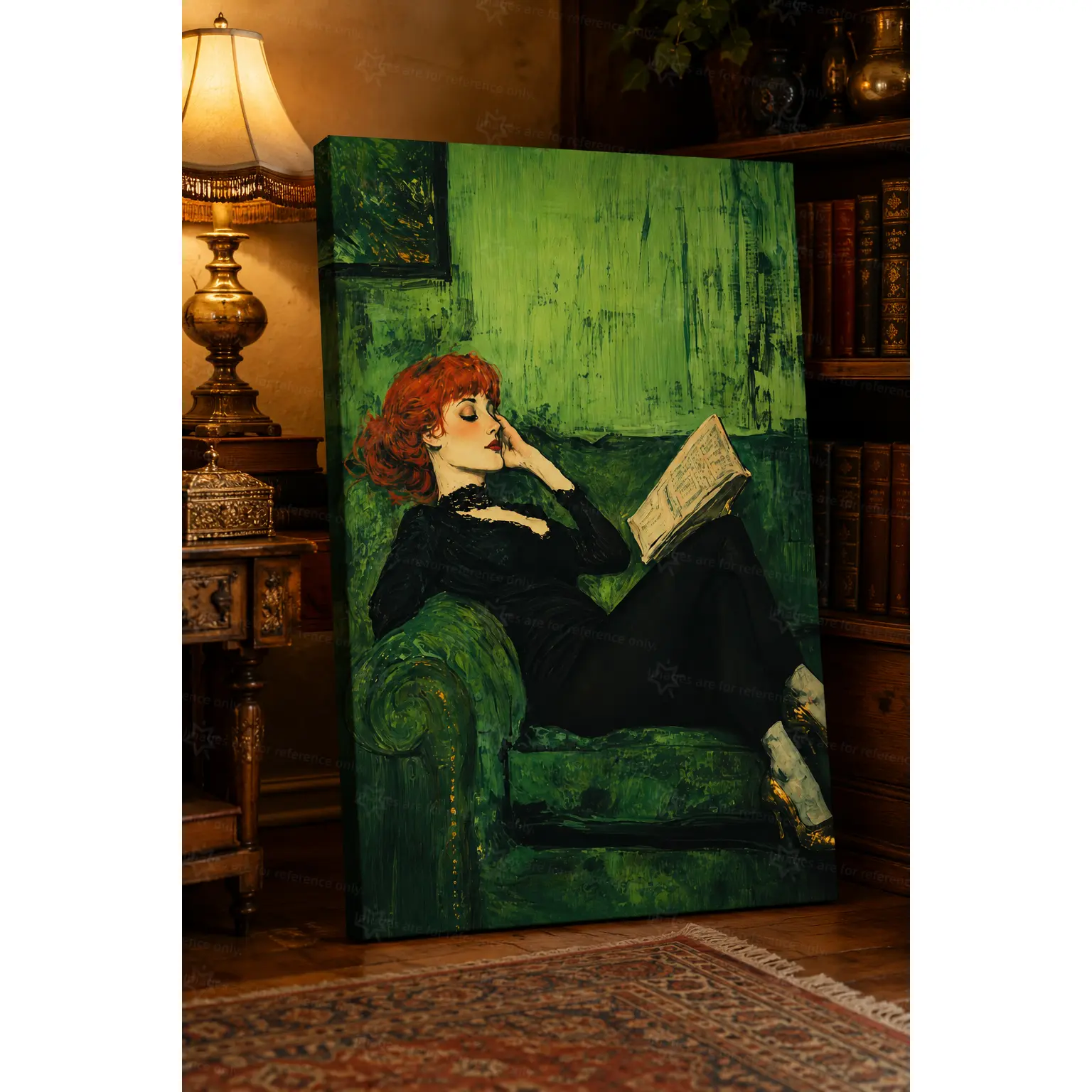 Vintage Red-Haired Woman Reading Wall Art Canvas, Green Armchair Library Portrait for Living Room Bedroom Office Study Reading Nook, Dark Academia Home Decor, Decorative Poster, Poster Prints, Unframed Canvas Poster or Framed Canvas Wrap