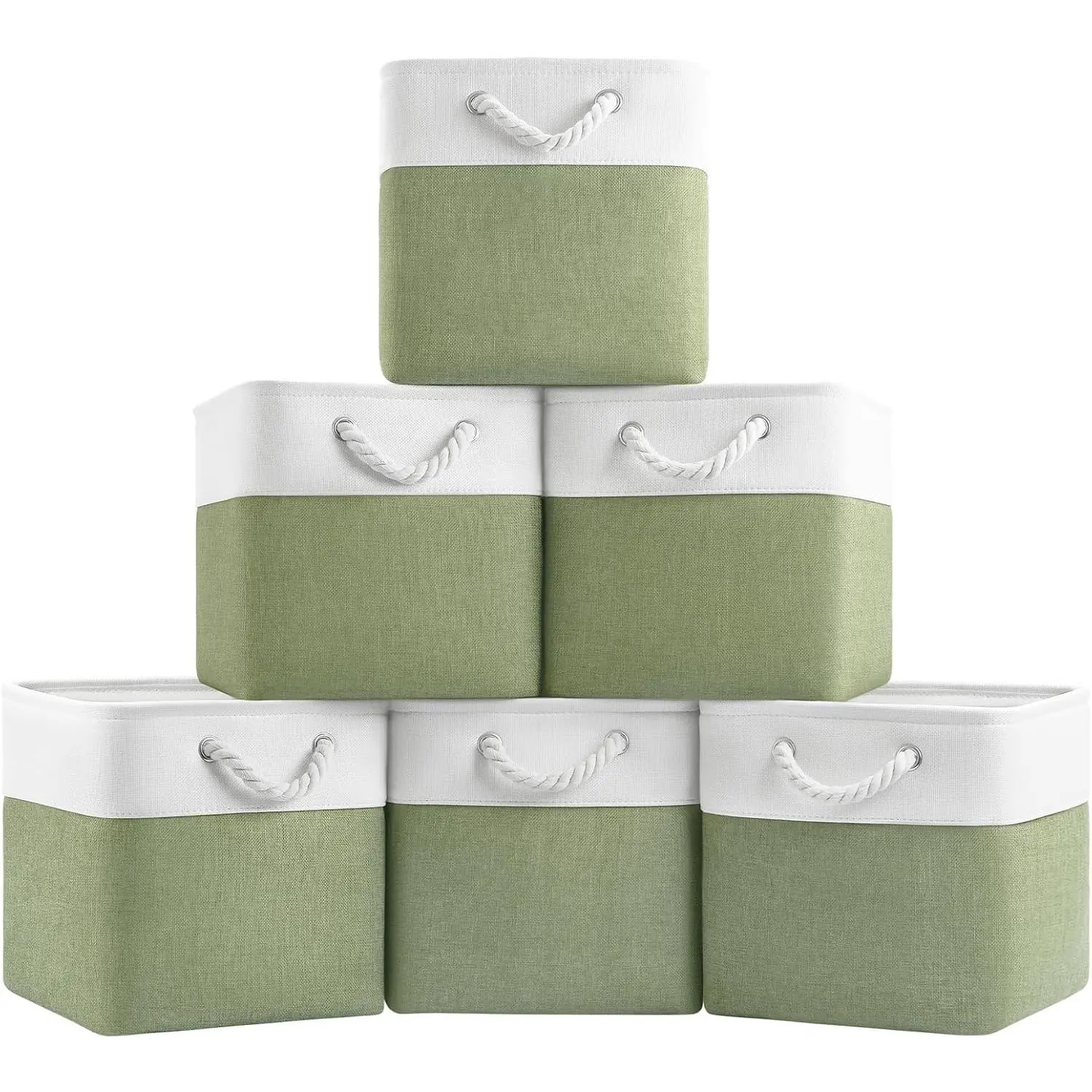 6-Pack 11-Inch Fabric Cube Storage Bins with Rope Handles, Shelf Organizer Boxes for Closet, Clothes and Room Home Organization (White/Green), Metal