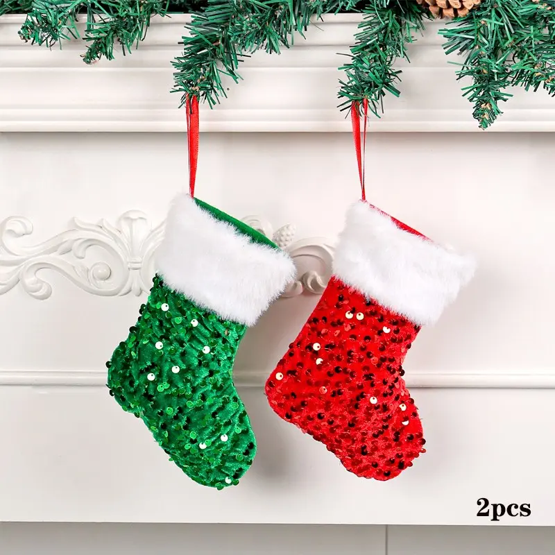 New Glitter Plush Trim Christmas Socks Decoration, Holiday Christmas Tree Candy Bag Ornament, Christmas Gift Bag