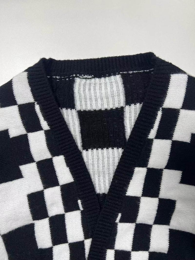 Women's Plaid Print Pocket Drop Shoulder Sweater Cardigan, Casual Long Sleeve Open Front Knitwear for Spring & Fall, Fashion Women's Knit Clothing for Daily Wear