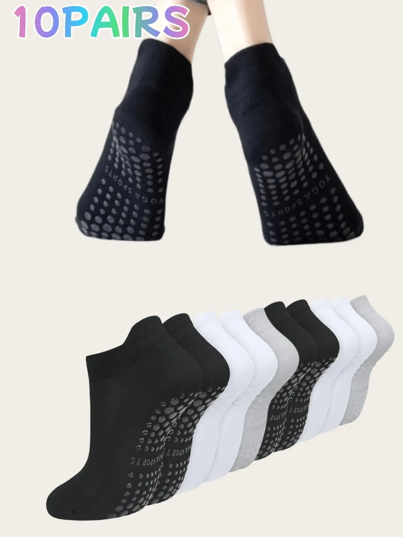 10 Pairs Women's Yoga Socks, Non-Slip Grip, Plain Design, Sweat-Wicking, Breathable Mesh, Ideal for Pilates, Ballet, Dance