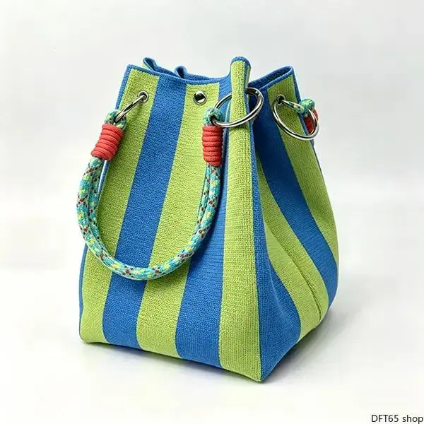 Women's Hand-Crocheted Striped Polyester Woven Bucket Bag - Bohemian Style, Adjustable Shoulder Strap, Open Top, Soft Lightweight, Spacious Inner Space for Summer Beach Travel Daily Use Portable Storage Bag, Adjustable Strap, Crocheted Weave