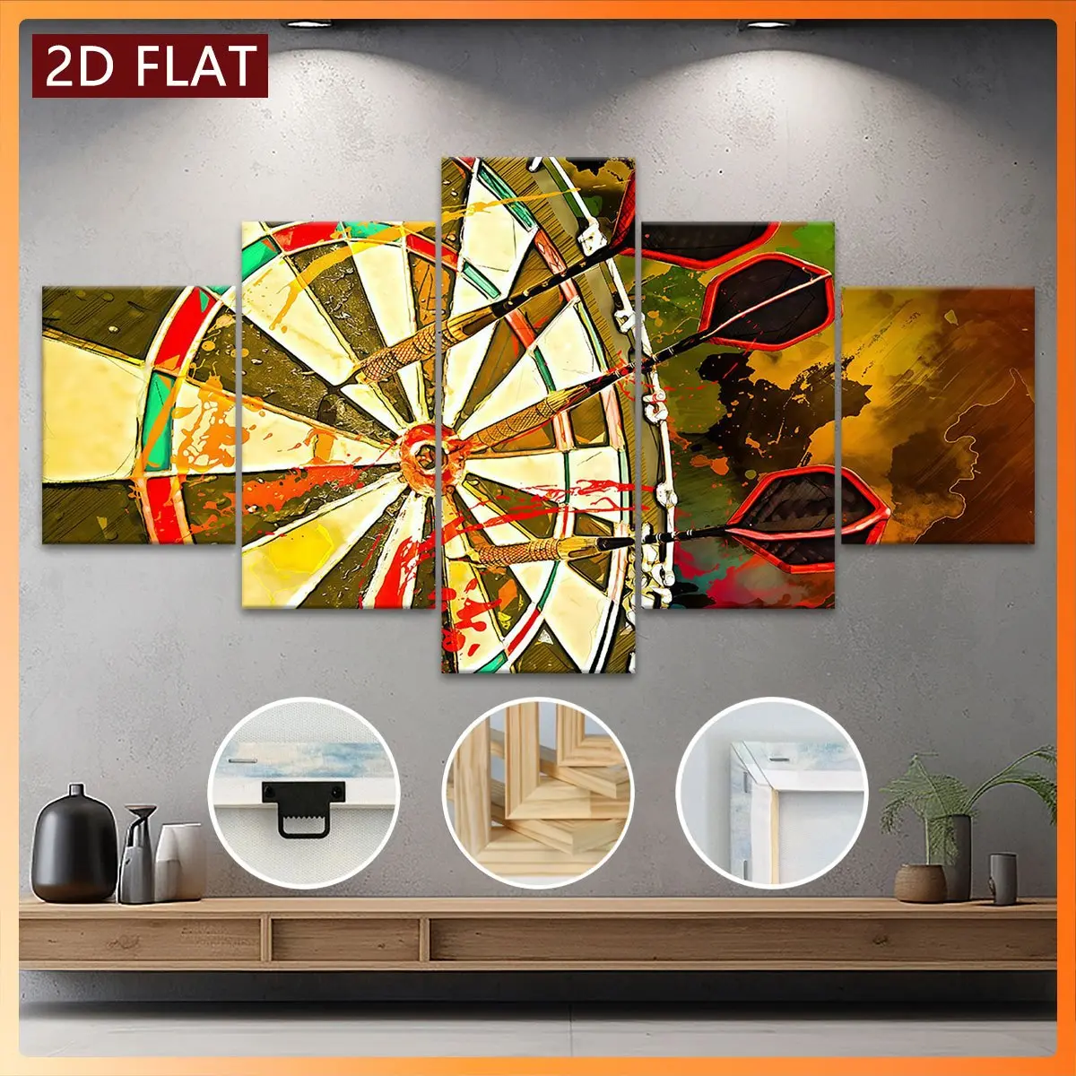 2D Flat Art Set, Consisting Of 5 Wooden-Framed Canvas Artworks. The Highlights Are The Vibrant Dartboard And Dart Images. It Is Perfect For Use As Fashionable Posters As Gifts For Valentine'S Day, Christmas Or New Year. It Is Highly Suitable For Home