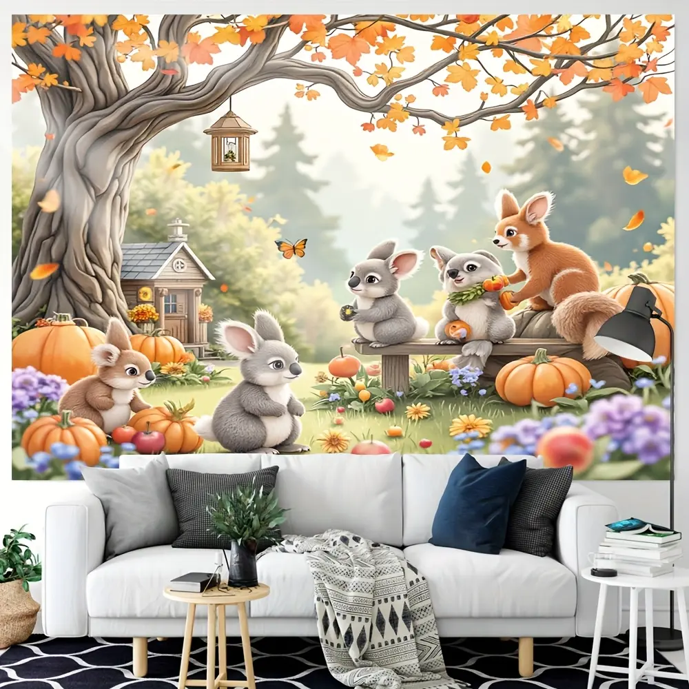 Fall Woodland Theme Fabric Tapestry Wall Banner, Party Decorations for Fall-Themed Events with Woodland Creatures & Autumn Animals