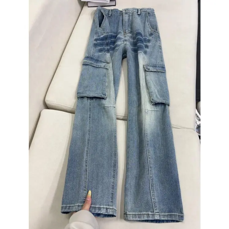 New American-Style Men'S Jeans, Workwear Casual Pants, Straight Loose Fit, Layered Waistband With Whiskering Details, Multi-Pocket, Slightly Flared, Floor-Length Workwear Jeans, American Y2K Vintage Washed Functional Denim Work Pants.#SummerWins