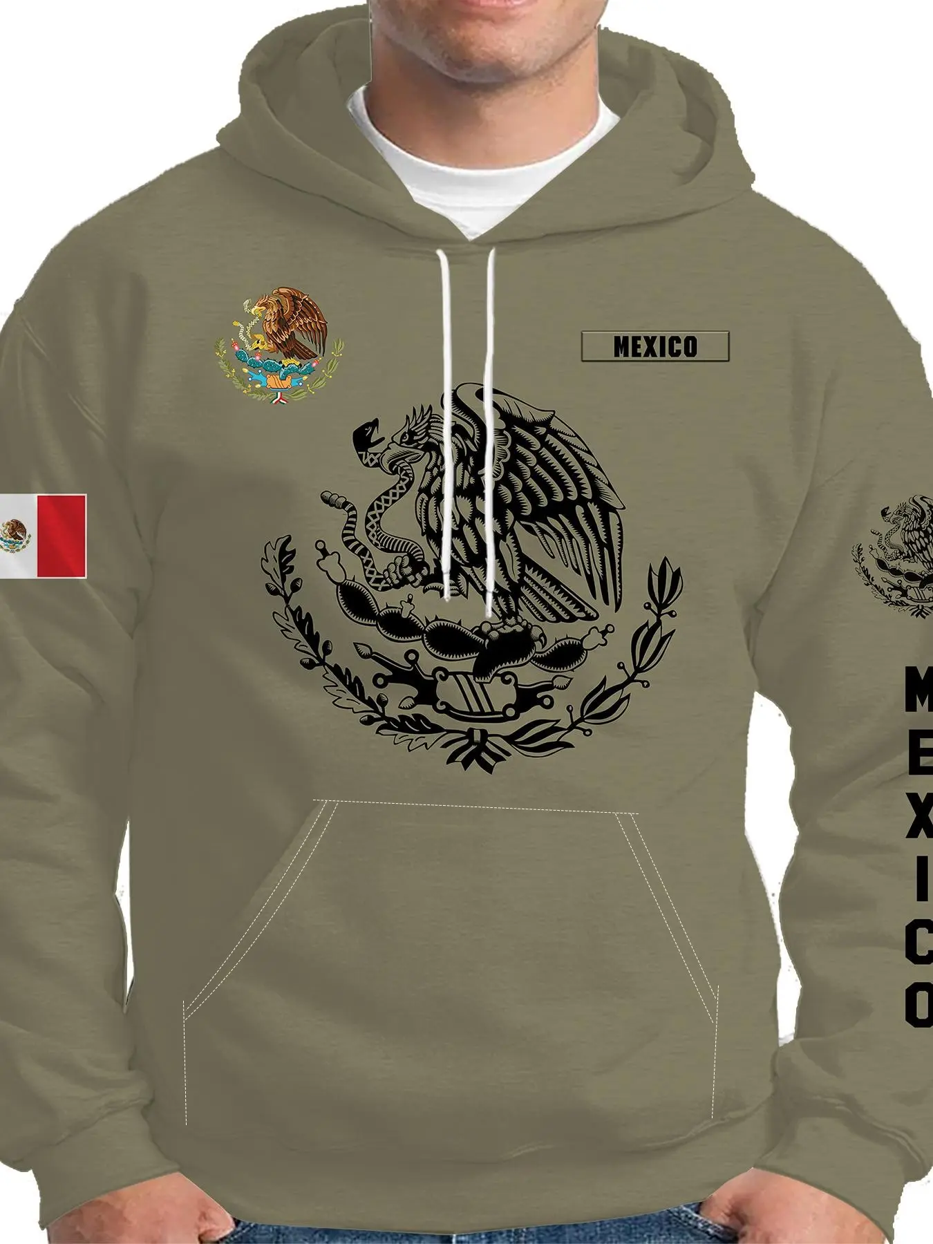 Mexican flag pattern Print hoodie, fashionable Soft Loose unisex Man Casual Hooded sweater that Mexicans love to wear, long-sleeved, Sweatshirts, Fabric