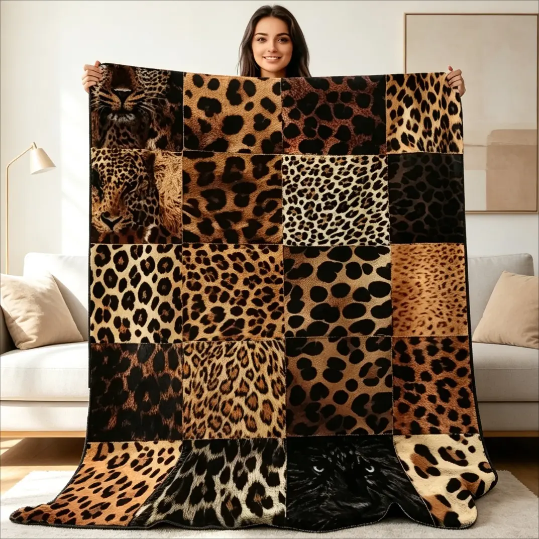 Leopard Print Mosaic Flannel Blanket, Ultra-Soft Gentle Throw Blanket with Wild Animal Pattern, Warm Cozy Couch Sofa Bed Blanket, All-Season Bedroom Decor Blanket for Adults & Kids, Stylish Home Gift for Women Friends Family