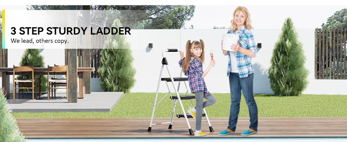 3 Step Folding Ladder, 800lbs Capacity Step Stool with Safety Lock, Non-Skid Wide Pedals, and Handrail, Lightweight, Household Ladder for Home, Kitchen, Pantry, Closets, and Office Use, White