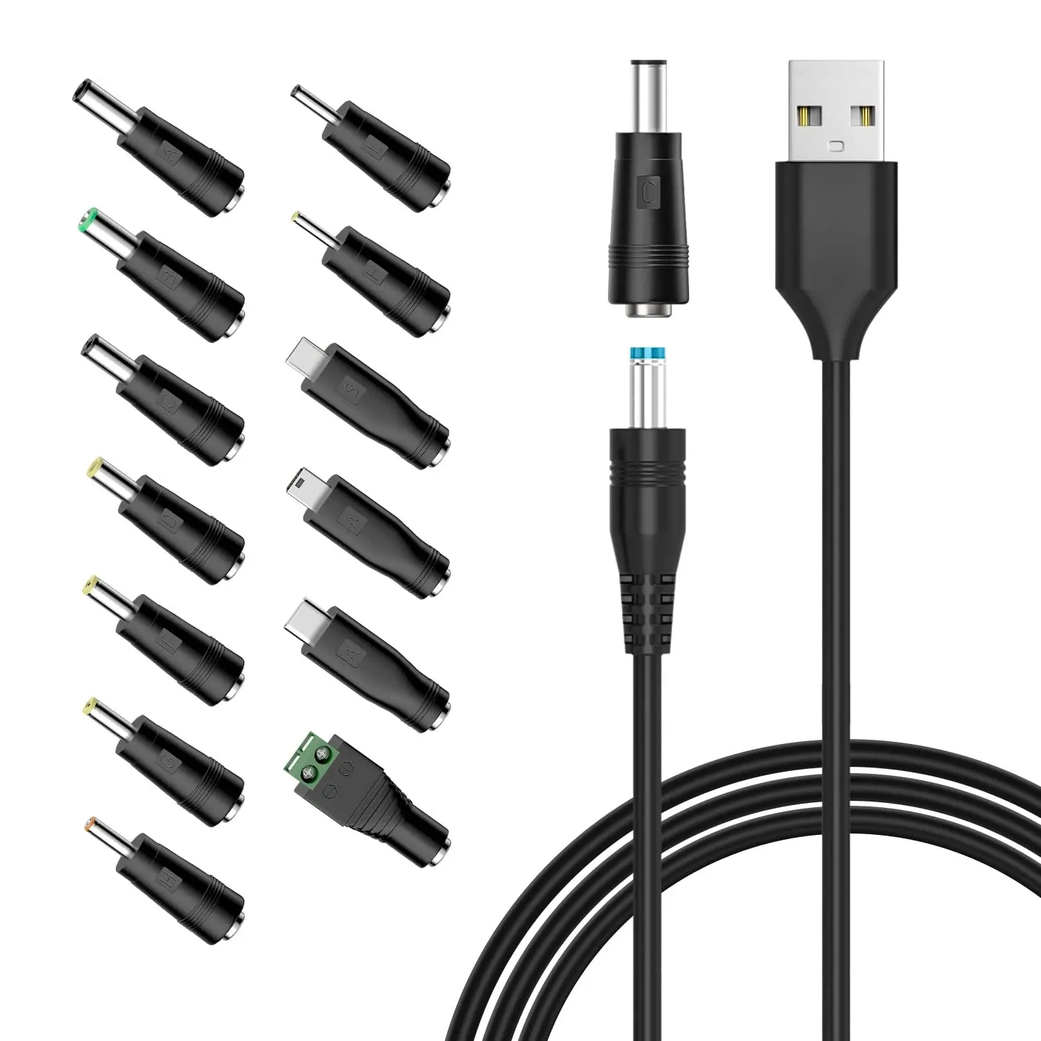 5V  DC Power , USB to DC  Cord with 13 count Adapter Plugs for Webcam Router, Recorder,  Speaker, Scanner, DVR, Hard Disk Box, USB-HUB etc.