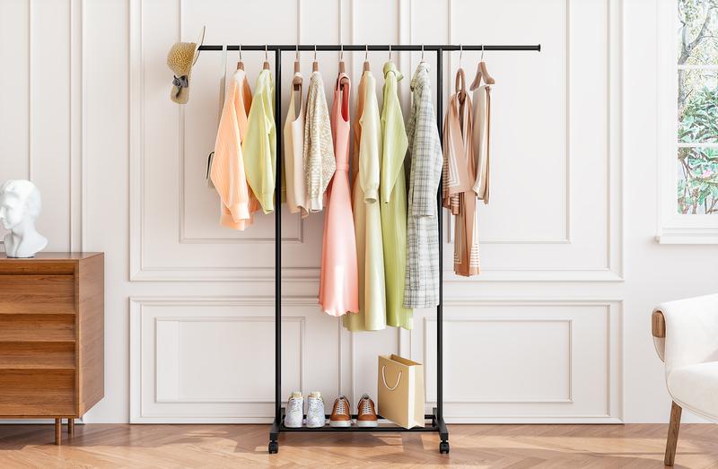 Metal Clothing Garment Rack,31.5 to 55.12 Inches Extensible Rod,  Rolling wheel Portable Drying HangingGarment Rack Suitable for Living Room, Bedroom,Balcony, Laundry