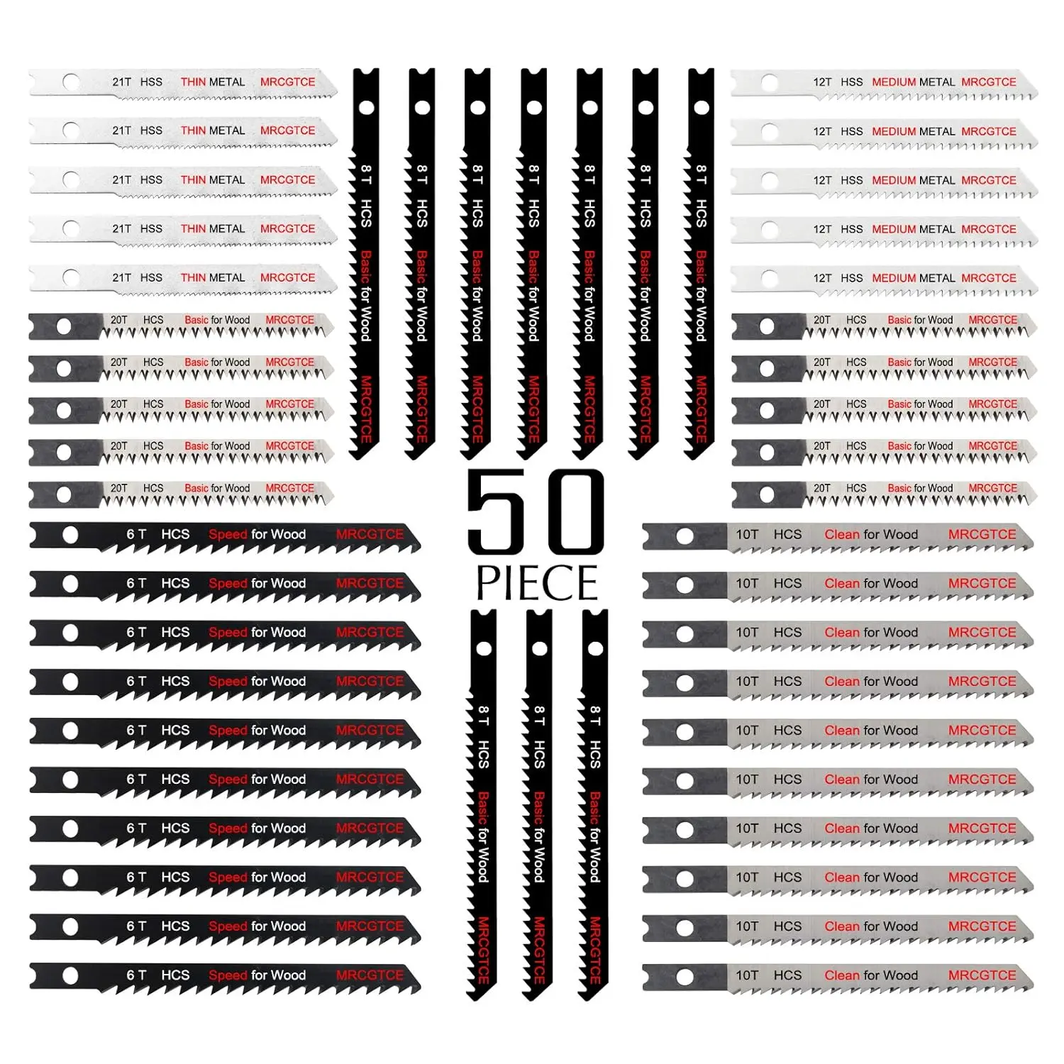 50PCS U-Shank Jigsaw Blades Set with Case, Contractor HCS/HSS Jig Saw Blades for Wood, and Cutting, 6T 8T 10T 12T 20T 21T