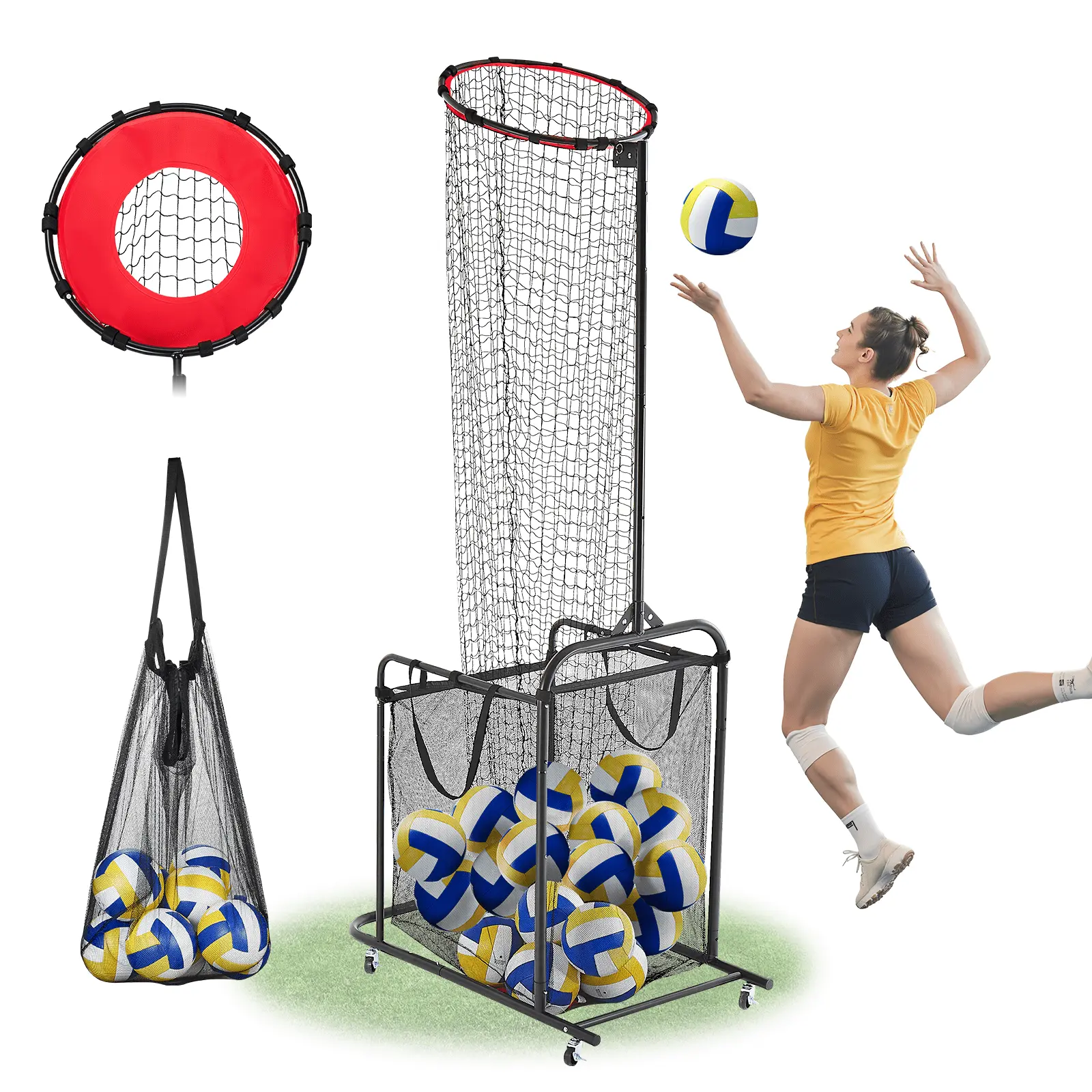 【Summerfinds】VEVOR Volleyball Setter Training Equipment for Youth, Children, Angle & Height Adjustable Trainer with 4 Lockable Swivel Wheels, Swivel Locks, Portable Practice Net, Cart, Carrying Bag for Indoor-Outdoor Serving Spiking, Angle And Height Adju