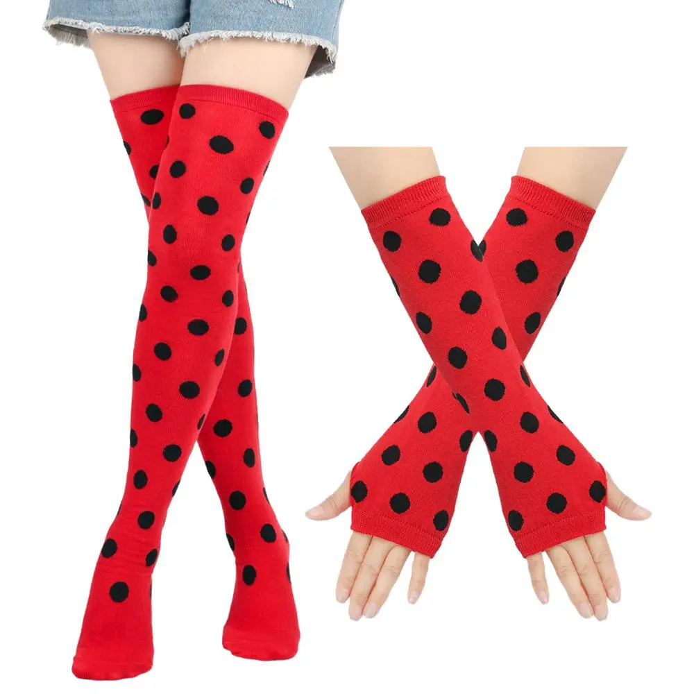 Women's Fuzzy Polka Dot Stockings - Leisure Ankle-Crew Style, Red & Black Ladybug Design, Decorative Props for Party Performances, Cotton Fashion Accessory, Polka Dots