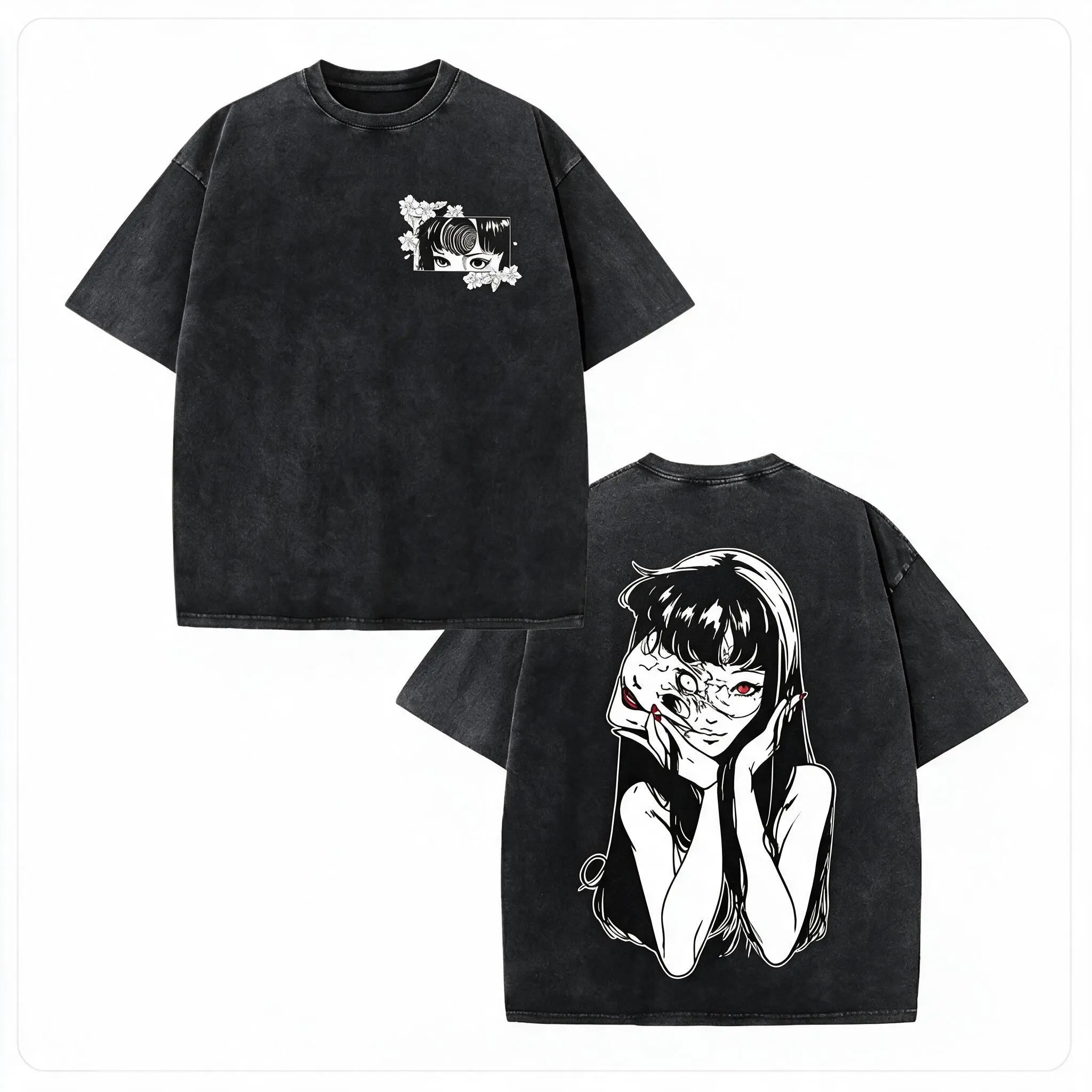 Tomie Junji Ito Uzumaki Vintage Anime T-Shirt, Washed Heavyweight Cotton, Graphic Tee, Manga Gothic, Dark Anime Gothic T-Shirt Menswear Streetwear Fabric Top