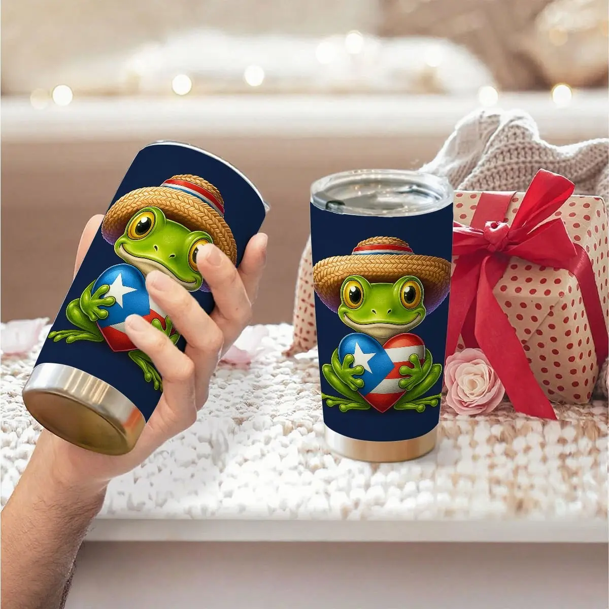 20 oz Puerto Rico Coqui Frog Daily Carry Stylish Tumbler, Stainless Steel Insulated Travel Cup with Lid, Boricua Gift for Puerto Rican Pride, Culture Lovers and Daily Use
