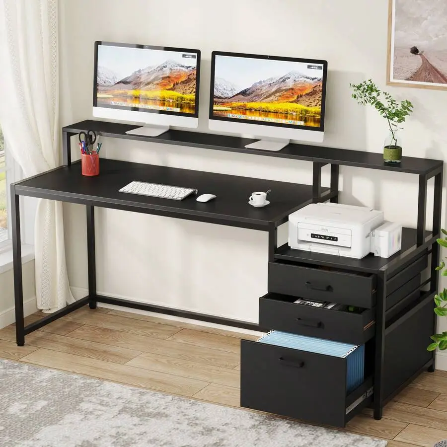 63 Inch Computer Desk With File Drawer Cabinet, Ergonomic Office Desk With Monitor Stand, Industrial Computer Table With Printer Space, Wood PC Table Workstation Desk Home Office Decor Furniture