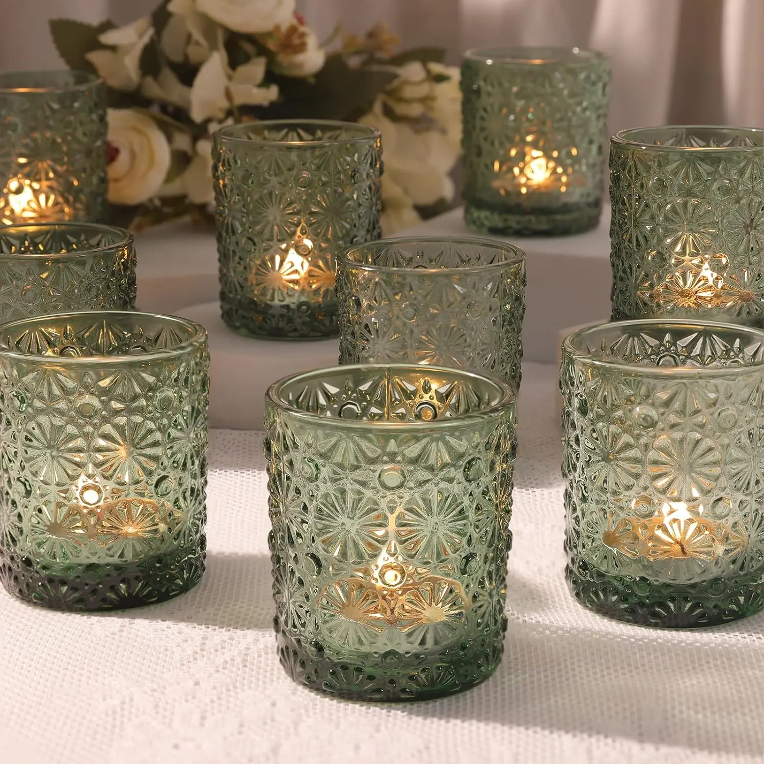 12 Pack Green Votive Candle Holders 2.2"*2.6" Tealight Candle Holder | for Wedding Table Decor, Birthday Parties,   Decor, Bridal Shower and Holiday Decorations