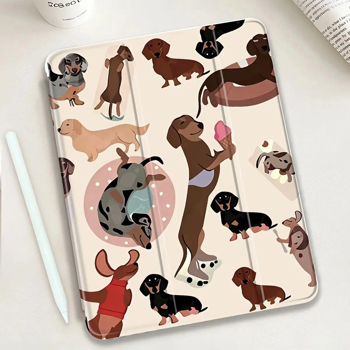 Cartoon dachshund dog and ice cream graphic pattern iPad series protective case. Made of TPU material with automatic sleep/wake function.Suitable for iPad series tablets.