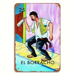 8x12 In Spanish Metal Tin Wall Decor, Mexican-Style Home Sign for Day of the Dead, Hispanic-Inspired Spanish-Style Piece with Alcohol, Beer, Wine, Dragon Tongue Wine Bar, Drunk Man Themes, Mexican-Style Home Signs