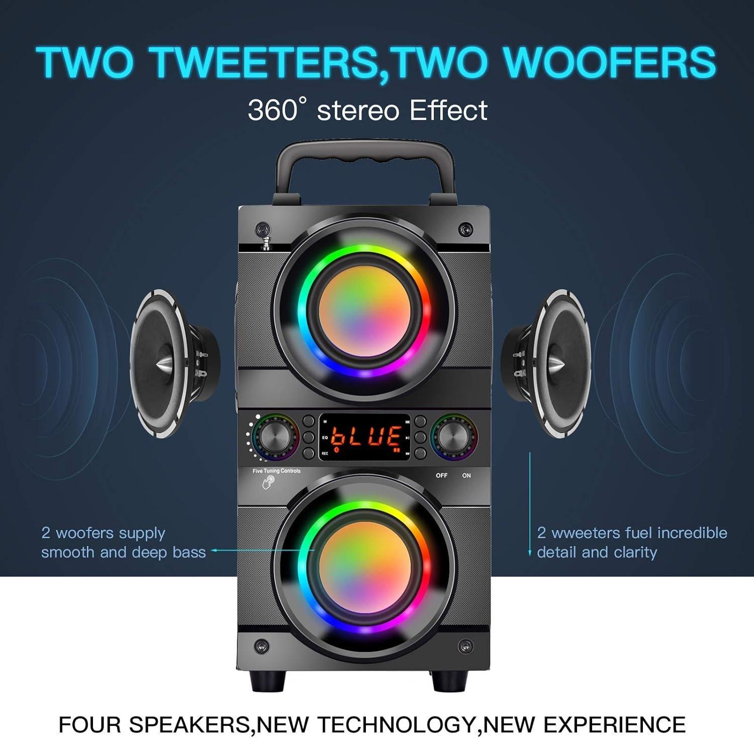 60W (80W ) Portable  Speaker with Double Subwoofer Heavy Bass,  5.0  100ft Outdoor Speaker, Support FM Radio, LED Colorful Lights, Stereo Sound, for , Party, Travel