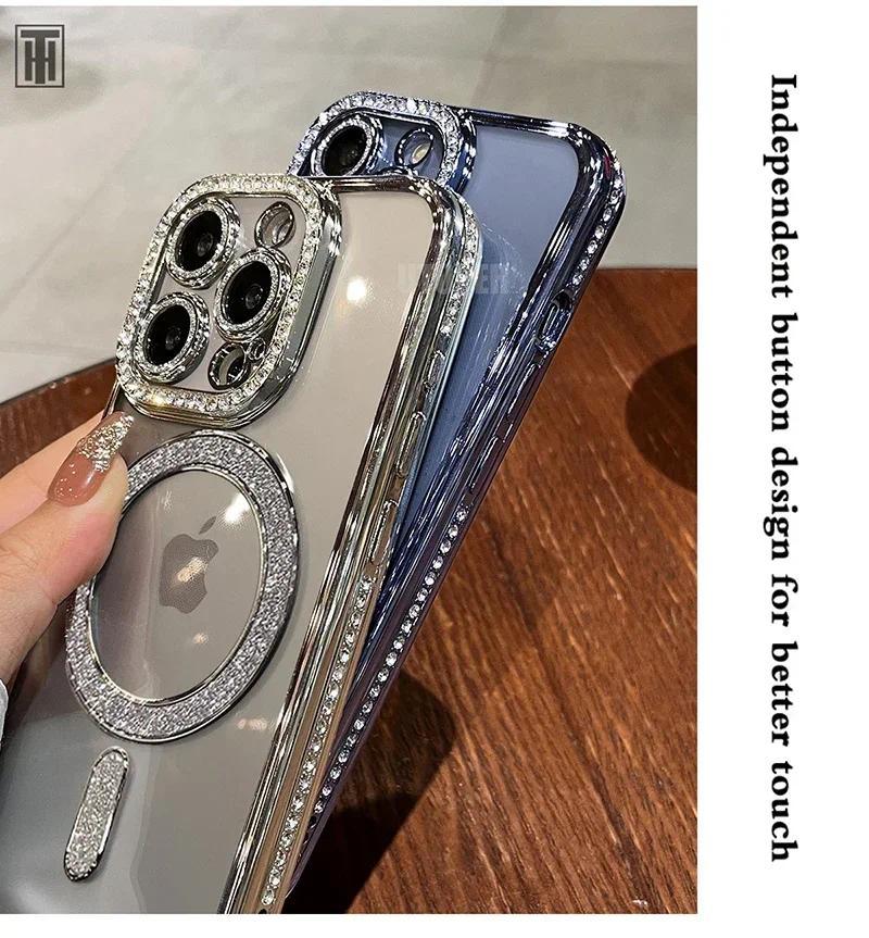 Luxury Bling Crystal Lens Film Phone Case For iPhone 15 11 12 13 14 Pro Max Plus Magsafe Magnetic Wireless Charging Clear Cover