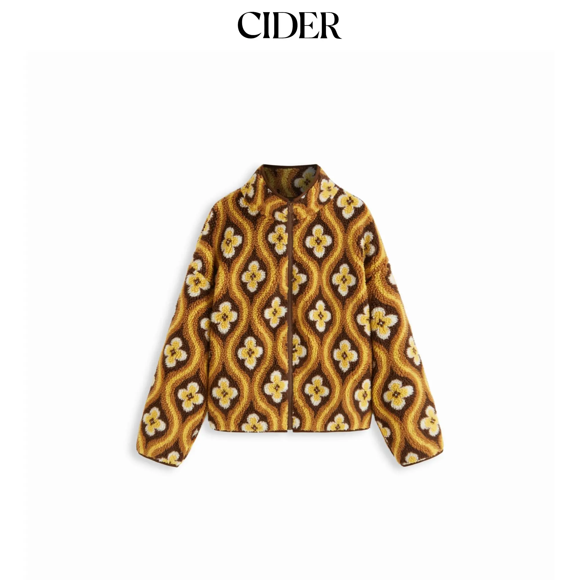 Cider Fleece Stand Collar Geometric Zip Through Oversized Jacket