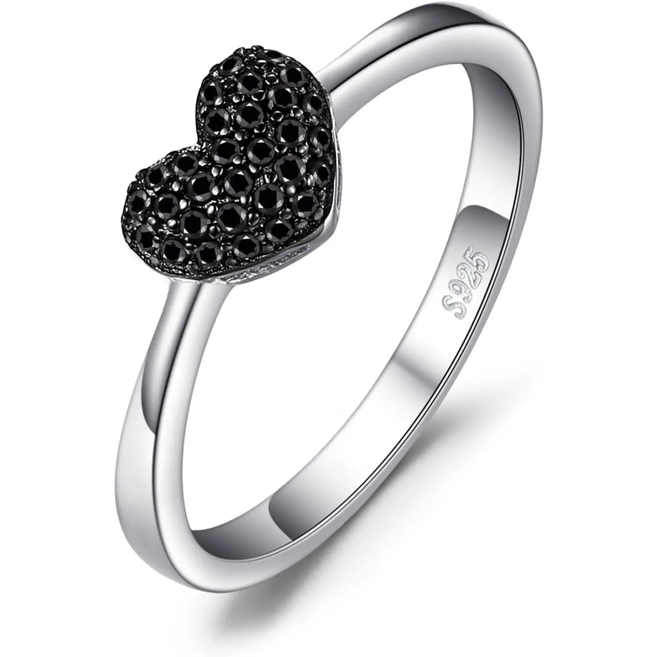 Women's 14K White Gold-925 Sterling Silver Love Heart Genuine Black Spinel Promise Ring, Natural Gemstone Jewelry Set with Silver Rings