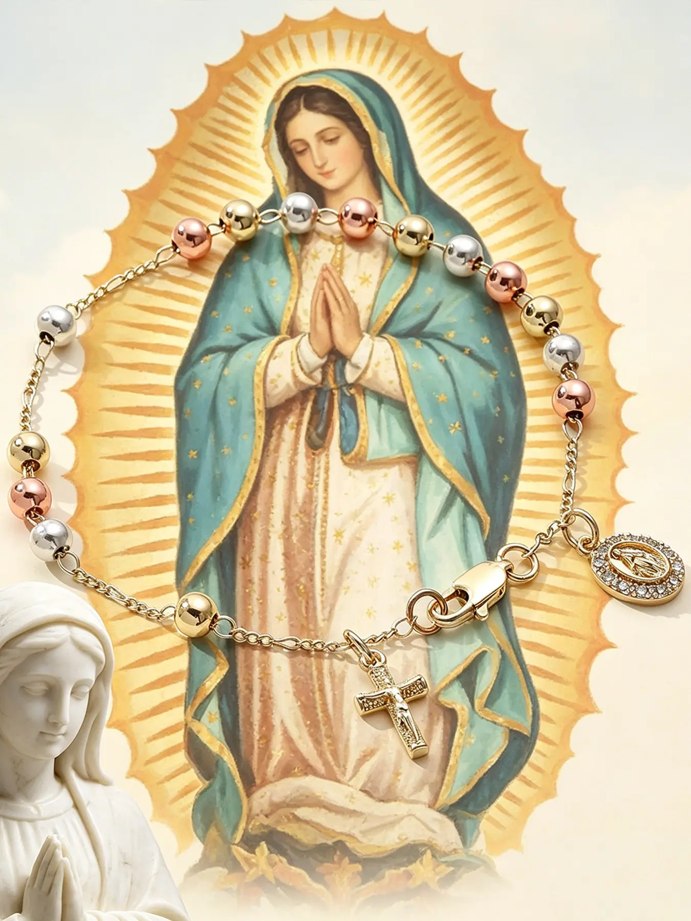 1 Piece Our Lady of Guadalupe & Jesus Crucifix Charm Bracelet, Tri-color Beaded Rosary Religious Jewelry with Cubic Zirconia Inlay, Adjustable Christian Faith Bracelet for Women, Dual Styles Available, Elegant Bangle