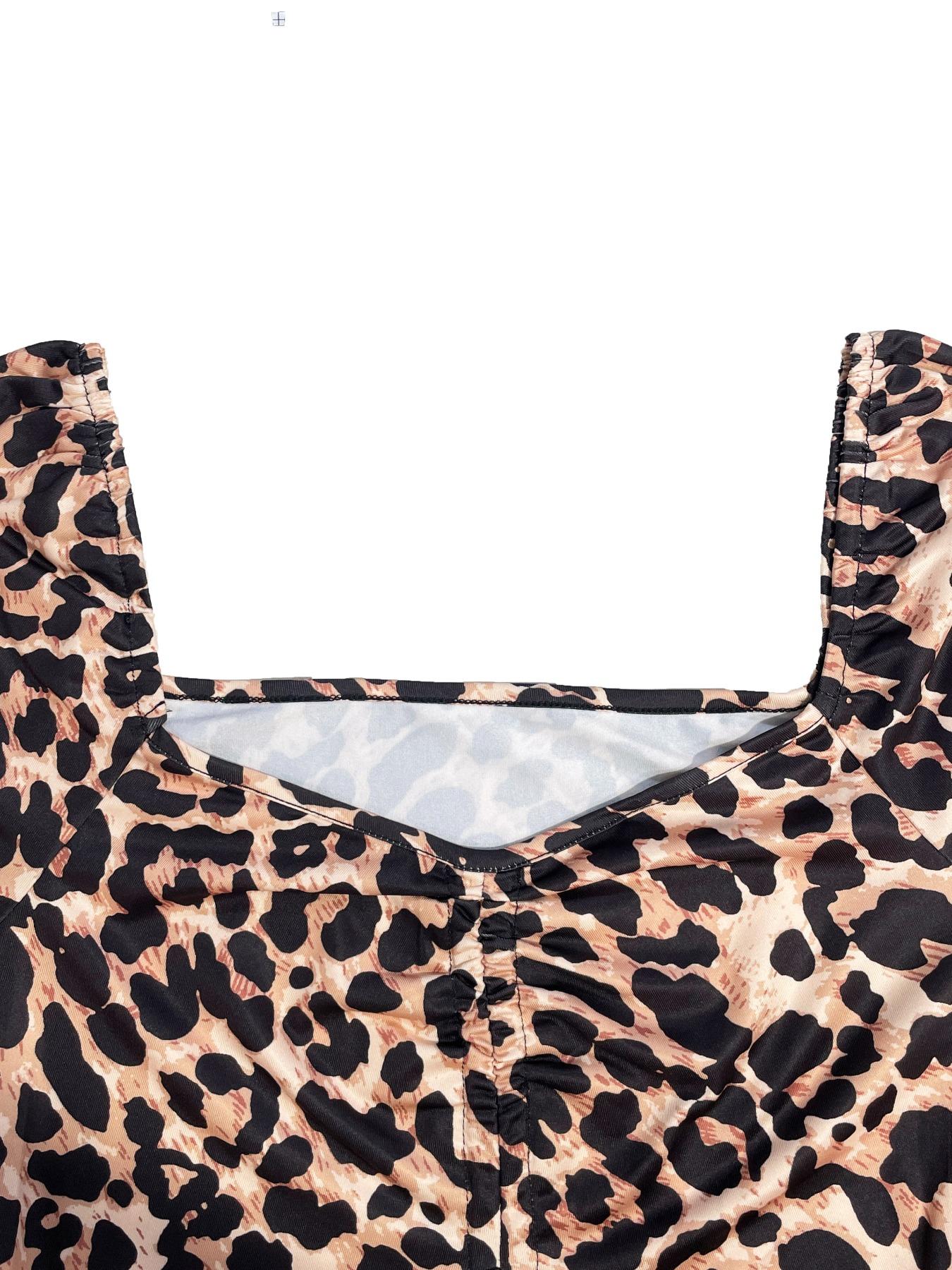 Women's Leopard Print Drawstring Short Fitted Blouse Top, Spring & Fall Thin Long Sleeve Shirt, Comfortable Fabric, Elegant, Chic, Feminine and Sexy Style