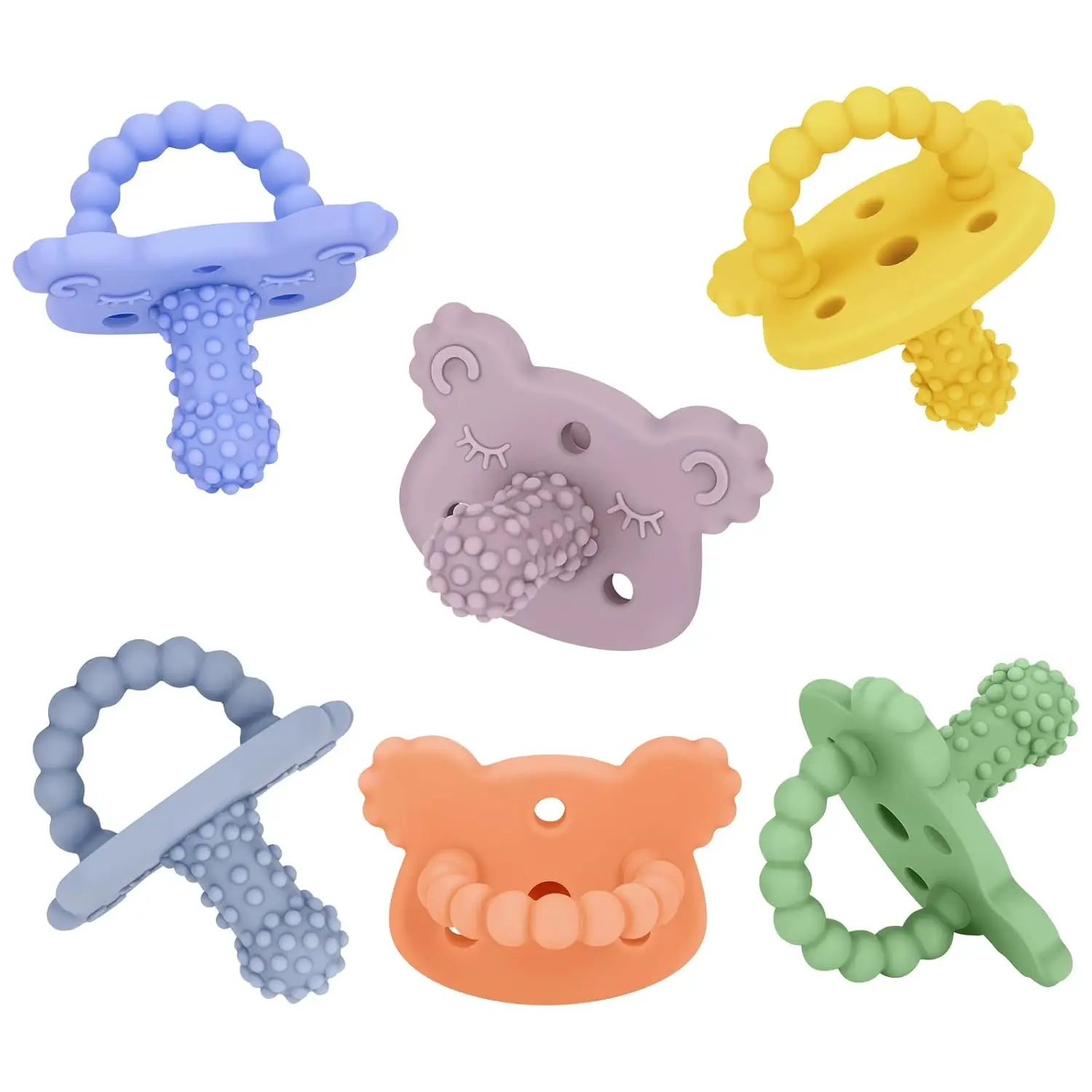 Silicone Teether Pacifier, Teething Toys  Teething Relief & Sensory Exploration, 6 Pack Grainy Textured Baby Pacifier – Food-Grade, BPA-Free, Easy to Hold, Dishwasher Safe, 3+ Months New model