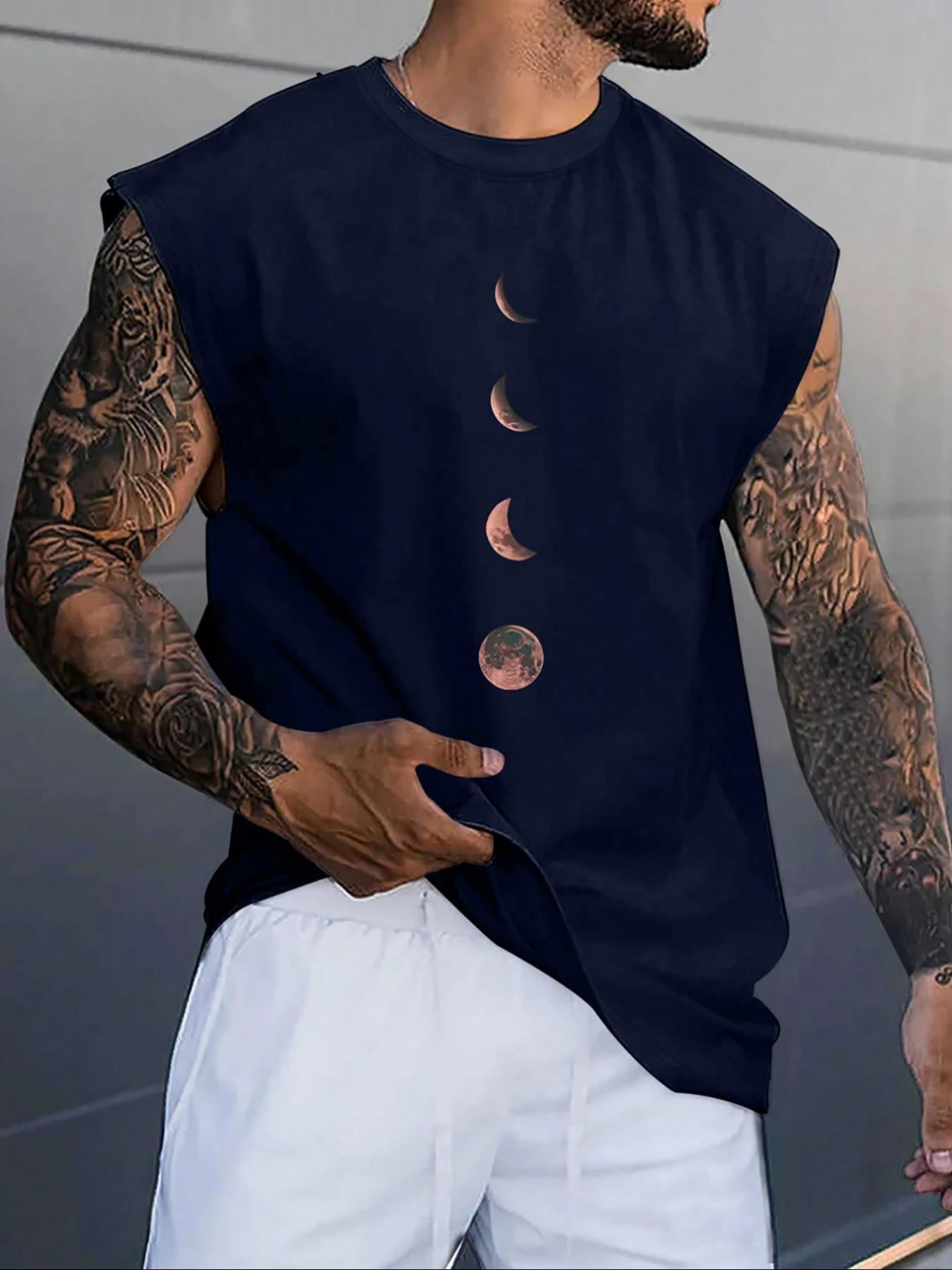 Men's Moon Print Wide Shoulder Vest, Regular Fit Casual Sleeveless Graphic Tank Top for Summer, Men's Top for Daily Wear, Menswear, Casual Streetwear Top, Casual Street Style
