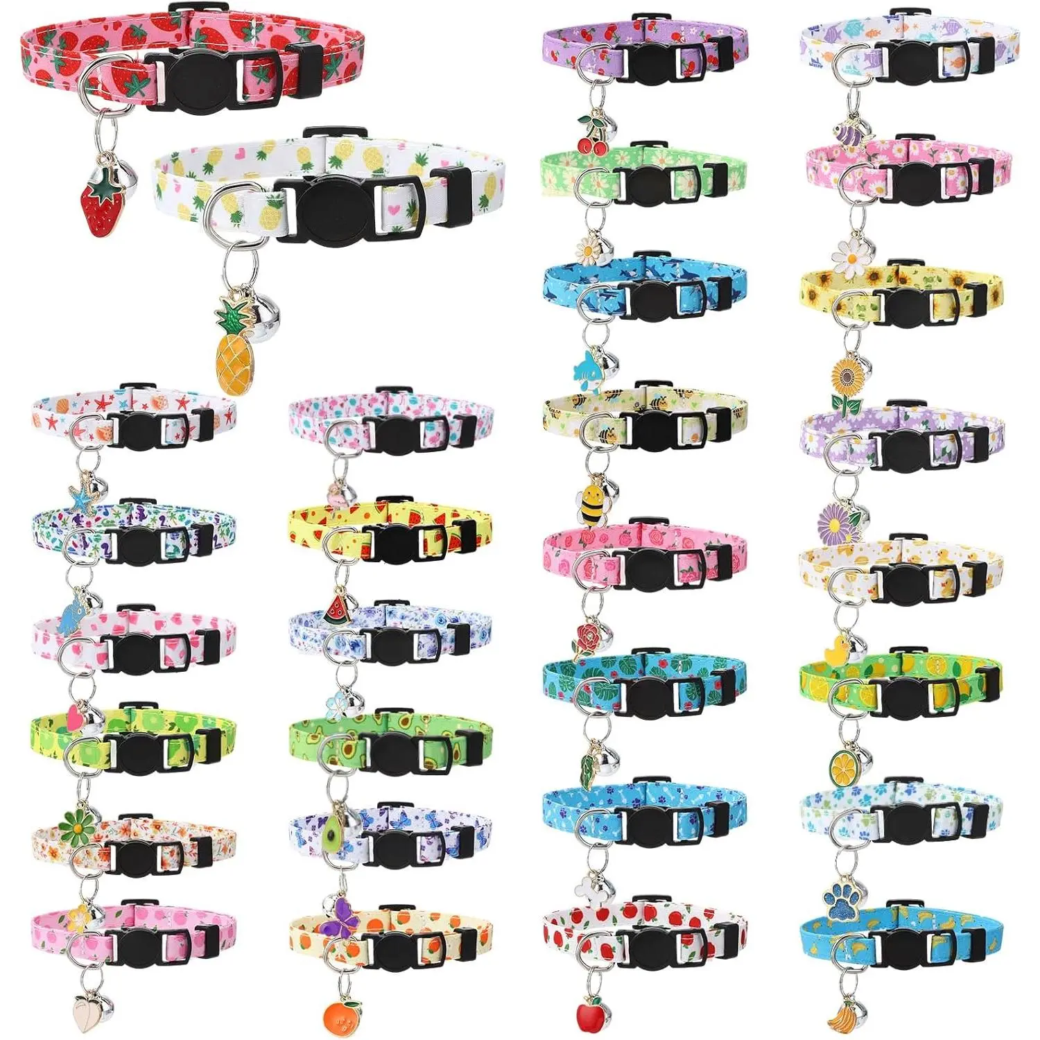 30Pcs Breakaway Cat Collars with Bells and Pendants Adjustable Floral Fruit Cat Collars Safety Kitten Collar for Girl Boy Cats, Multicolor