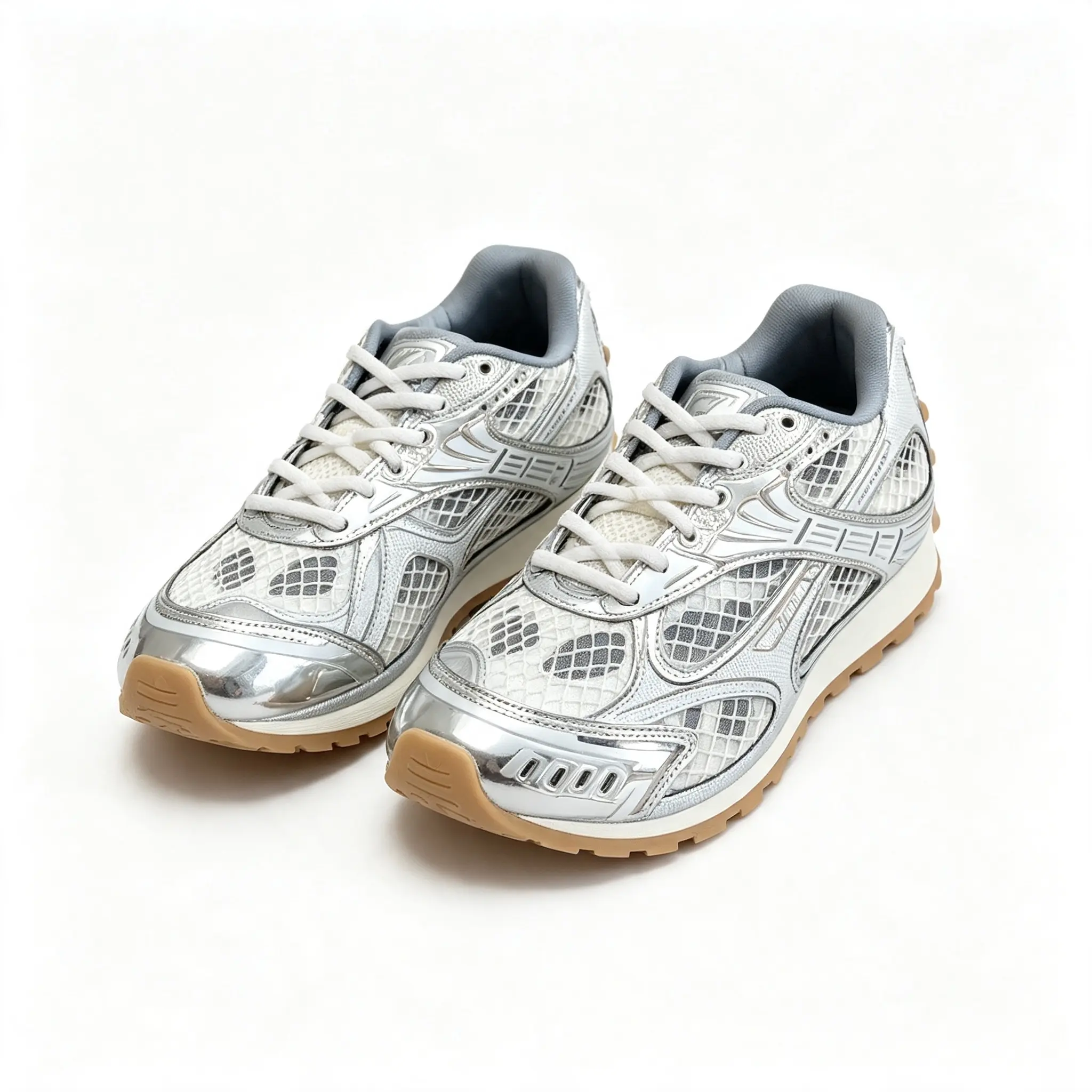 Silver Metallic White Mesh Girl Runner Sneakers, Thick-soled Height-increasing Fitness Footwear, Breathable Hollow Mesh Upper, Gum Serrated Anti-slip Outsole, Retro Athletic Trainers for Men Women Street Workout Daily Running