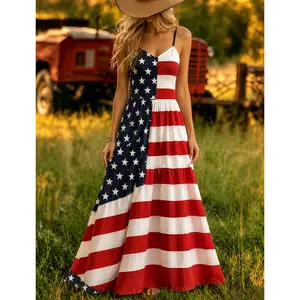 Elegant retro-style new women's summer dress with thin shoulder straps, no padding, stylish national flag print, patriotic summer wear, suitable for parties, patriotic-themed 250th anniversary vacation dress, best gift for friends, patriotic clothing