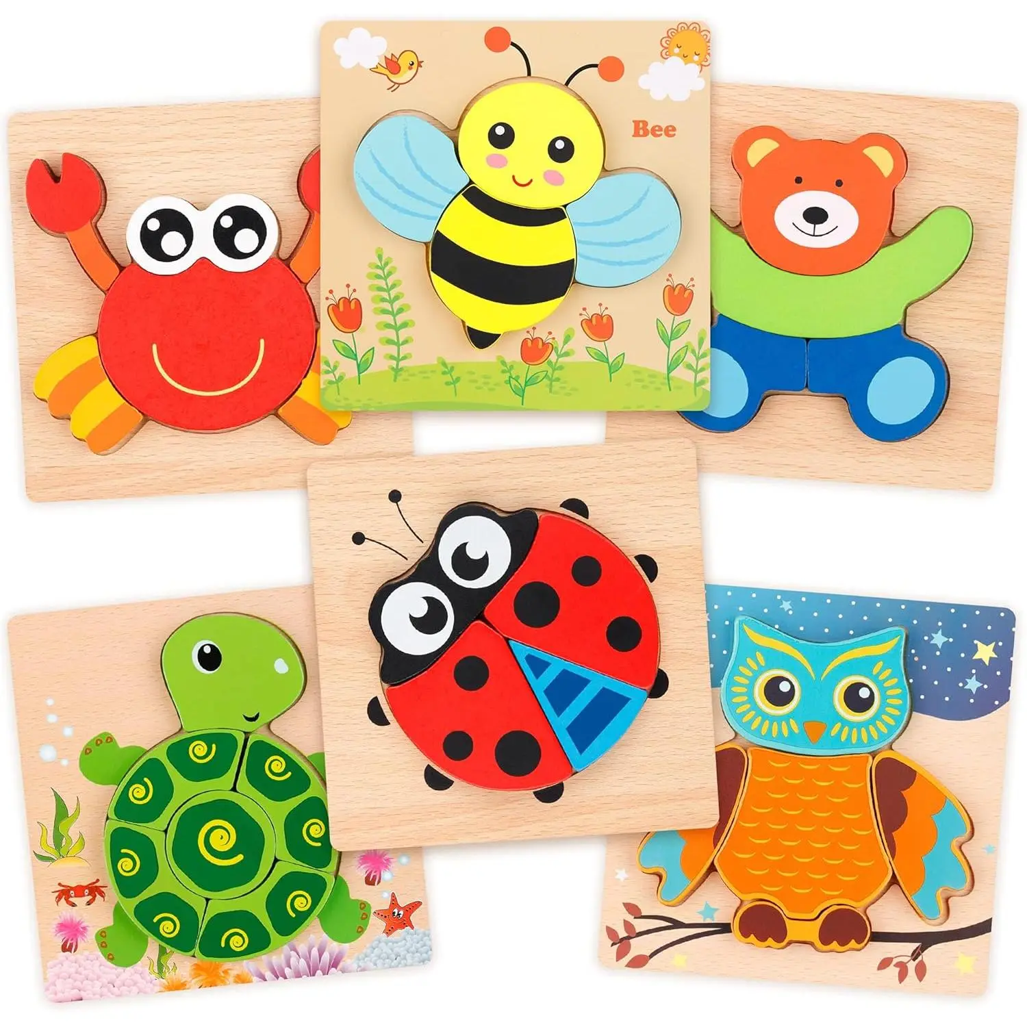 Wooden Jigsaw Puzzle Set, 6 Pack Animal Shape Color Montessori Toy, Fine Motor Skill Early Learning Preschool Educational Gift Game for Years Old Kidsfidget toys